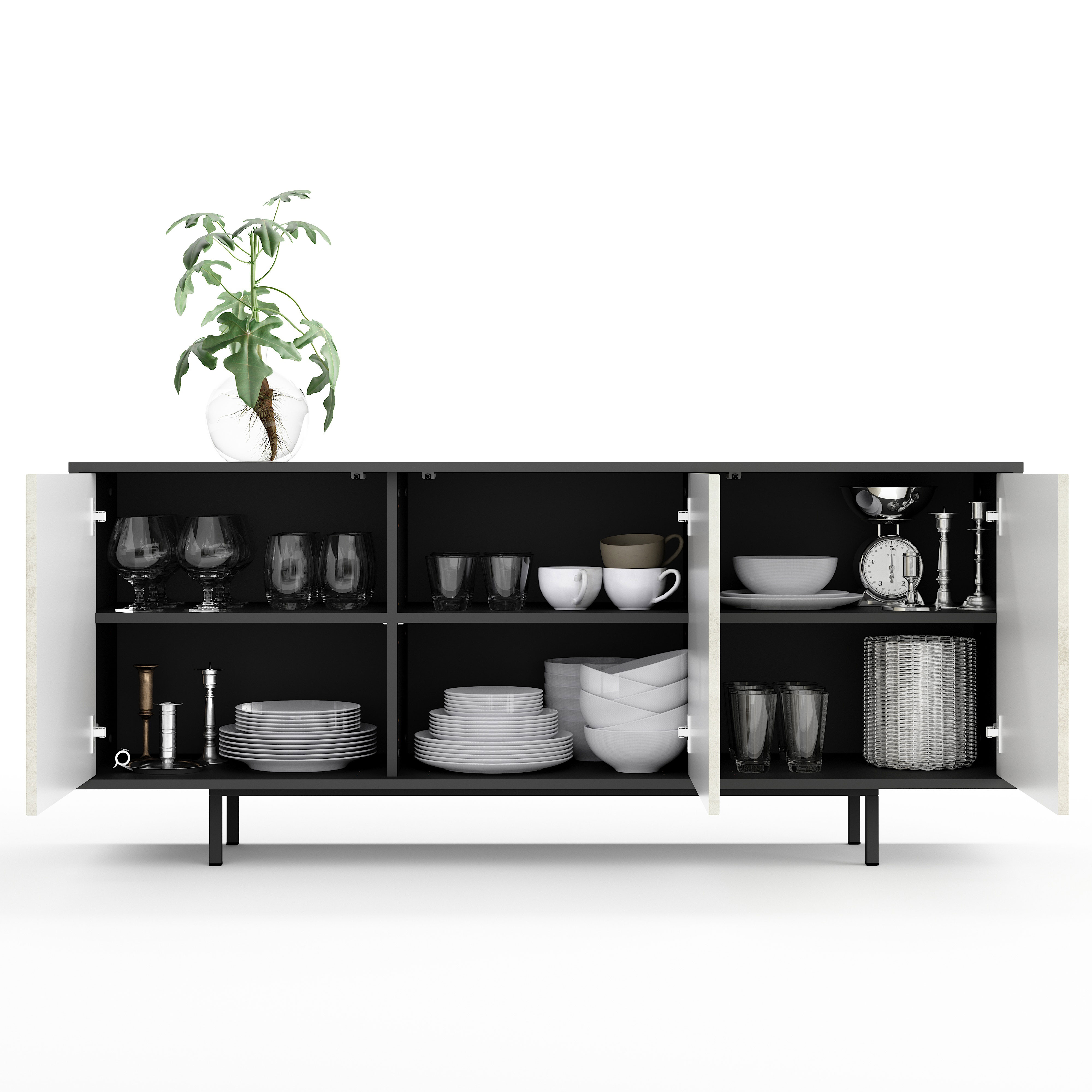 Sideboard Akia Kommode für Wohnzimmer oder Flur in Anthrazit mit Beton Oxid Türen, 154x40x66 cm, Metallfüße, Push-to-Open, modernes Lowboard mit verstellbaren Einlegeböden