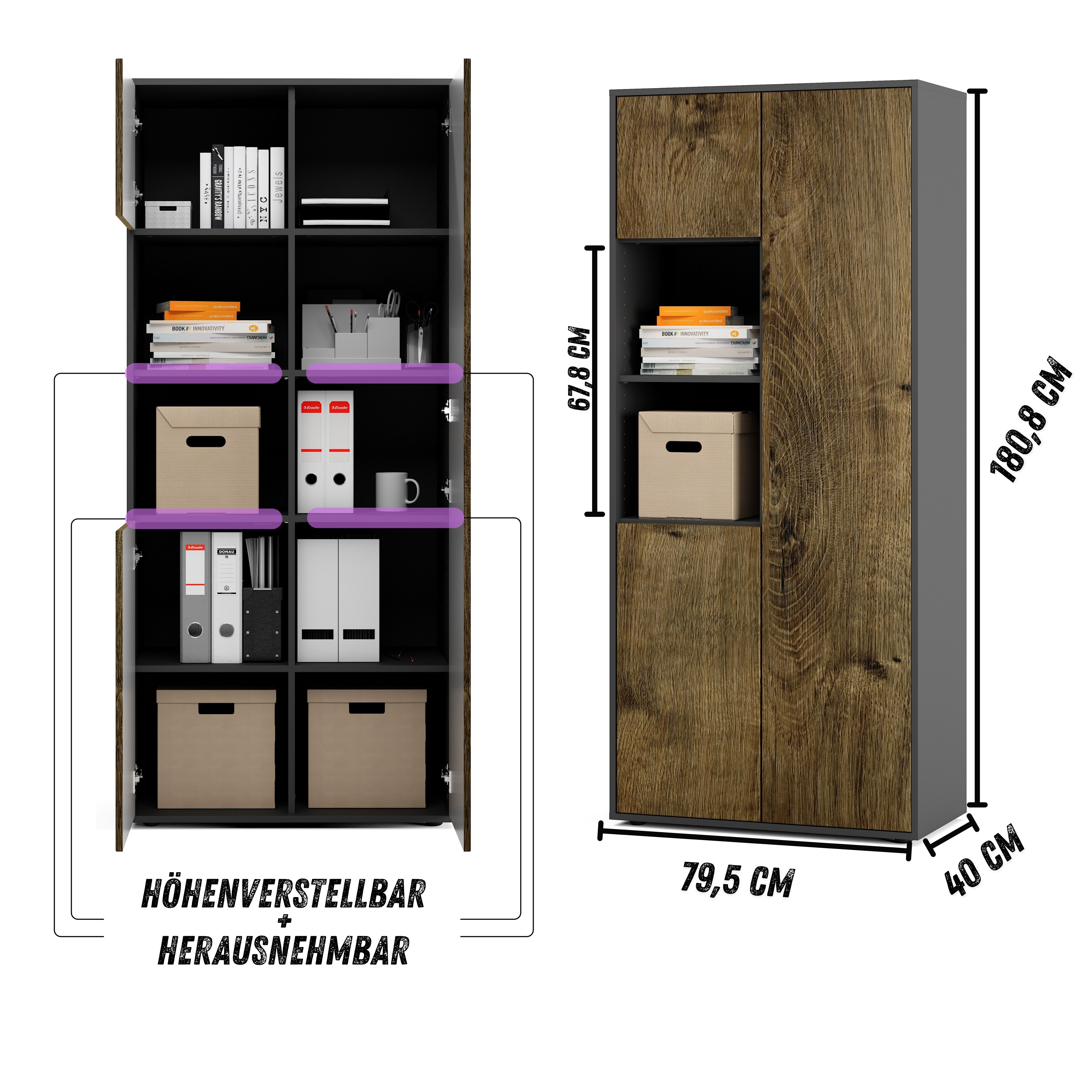 Büroschrank Amira T20, Schrank mit Zwei offenen Fächern, Anthrazit Korpus, Fronten in Eiche Ribbeck , Push-to-Open, 180x80x40 cm, Büroschrank für Büro und Homeoffice