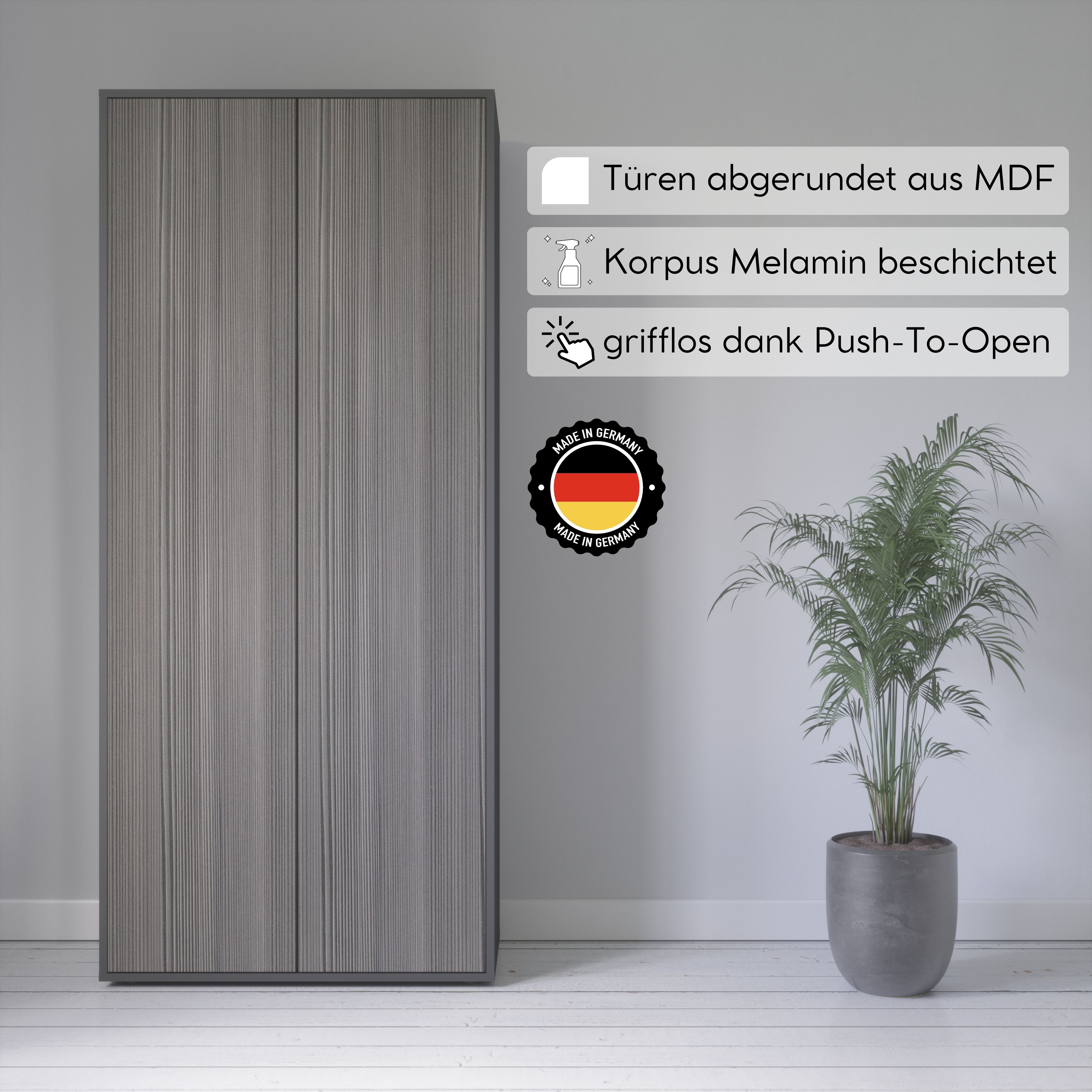 Büroschrank Amira T00, geschlossener Schrank mit 2 großen Türen, Anthrazit Korpus, Fronten in Avola Anthrazit, Push-to-Open, 180x80x40 cm, Aktenregal für Büro und Homeoffice