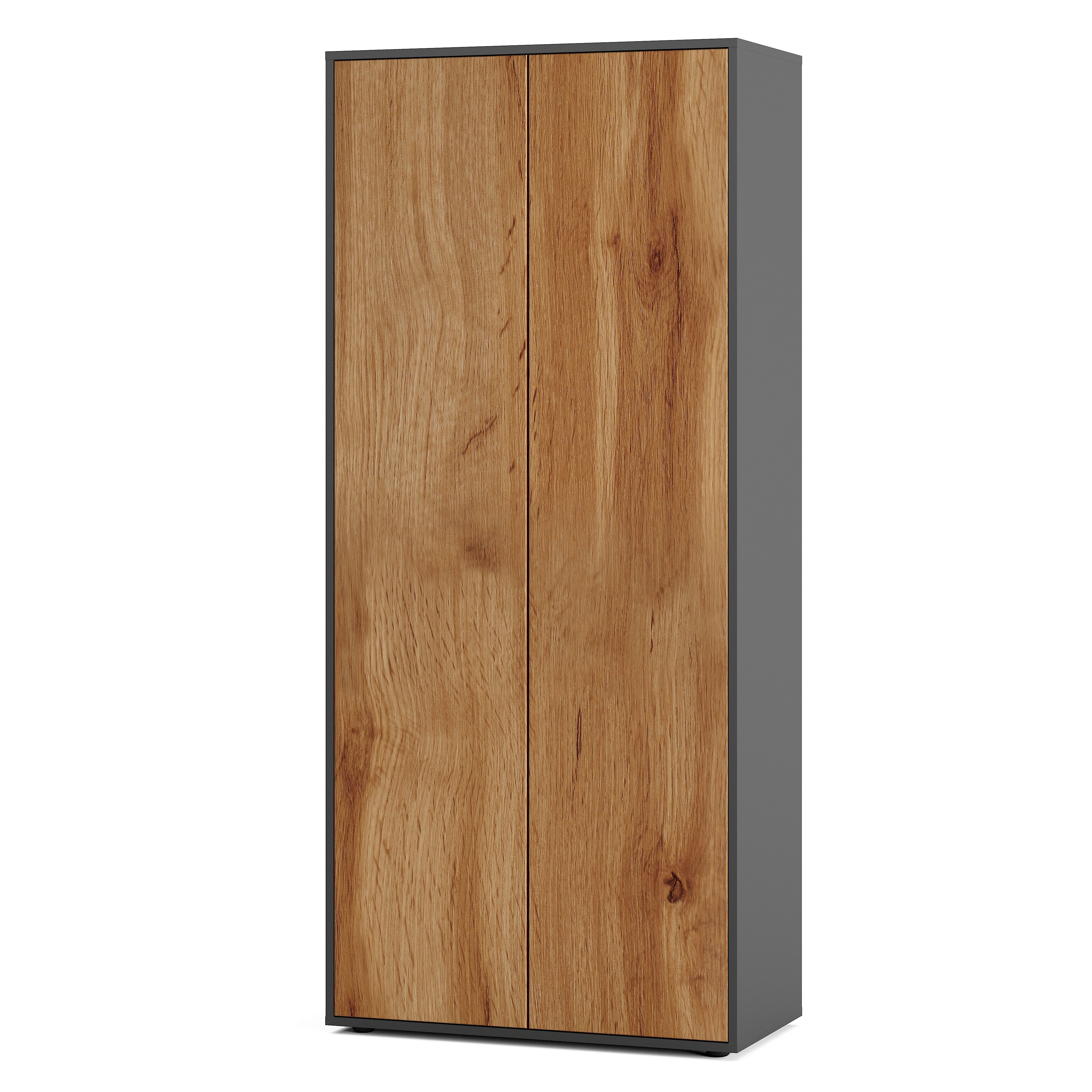 Büroschrank Amira T00, geschlossener Schrank mit 2 großen Türen, Anthrazit Korpus, Fronten in Eiche Wotan, Push-to-Open, 180x80x40 cm, Aktenregal für Büro und Homeoffice