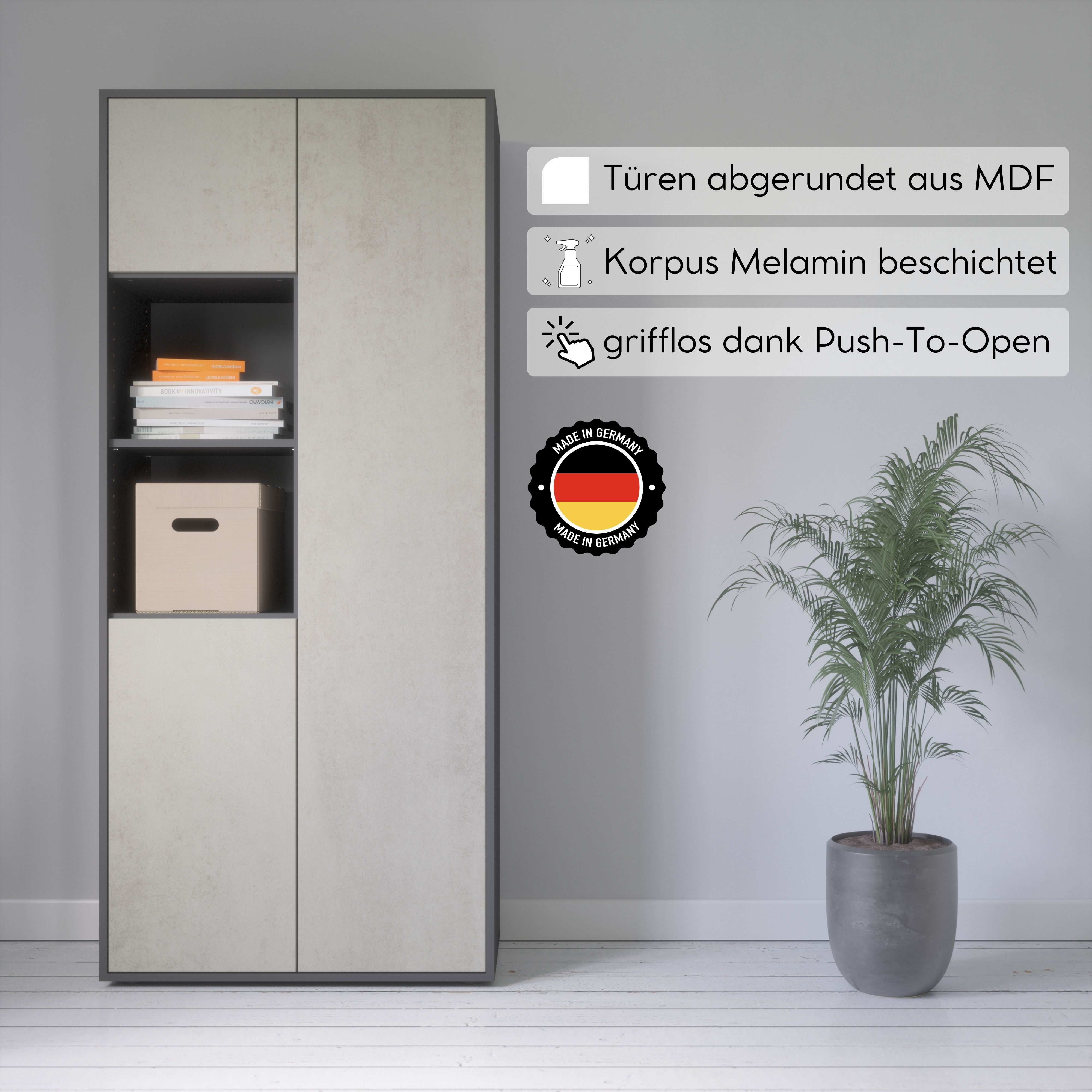 Büroschrank Amira T20, Schrank mit Zwei offenen Fächern, Anthrazit Korpus, Fronten in Beton Oxid , Push-to-Open, 180x80x40 cm, Büroschrank für Büro und Homeoffice