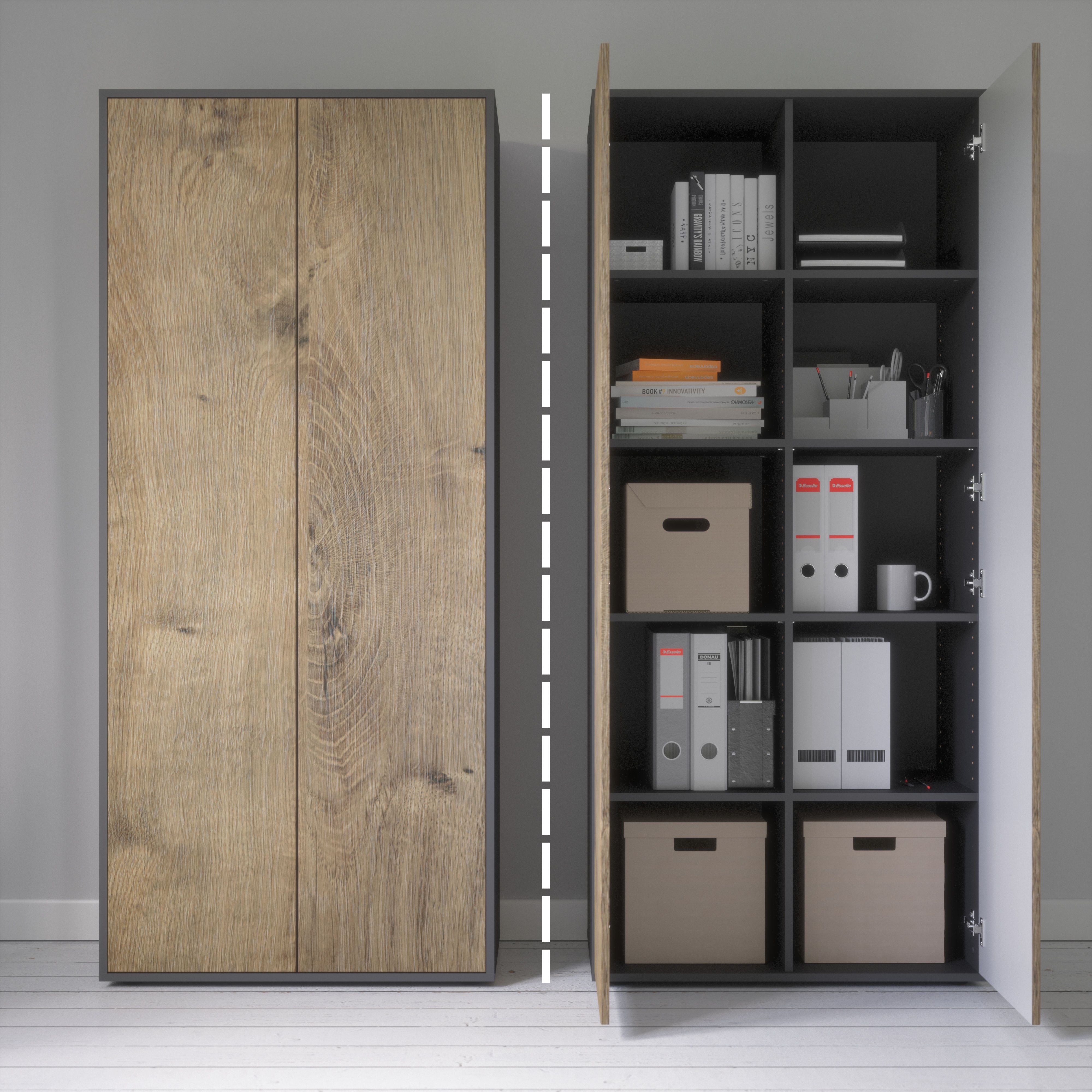 Büroschrank Amira T00, geschlossener Schrank mit 2 großen Türen, Anthrazit Korpus, Fronten in Eiche Ribbeck, Push-to-Open, 180x80x40 cm, Aktenregal für Büro und Homeoffice
