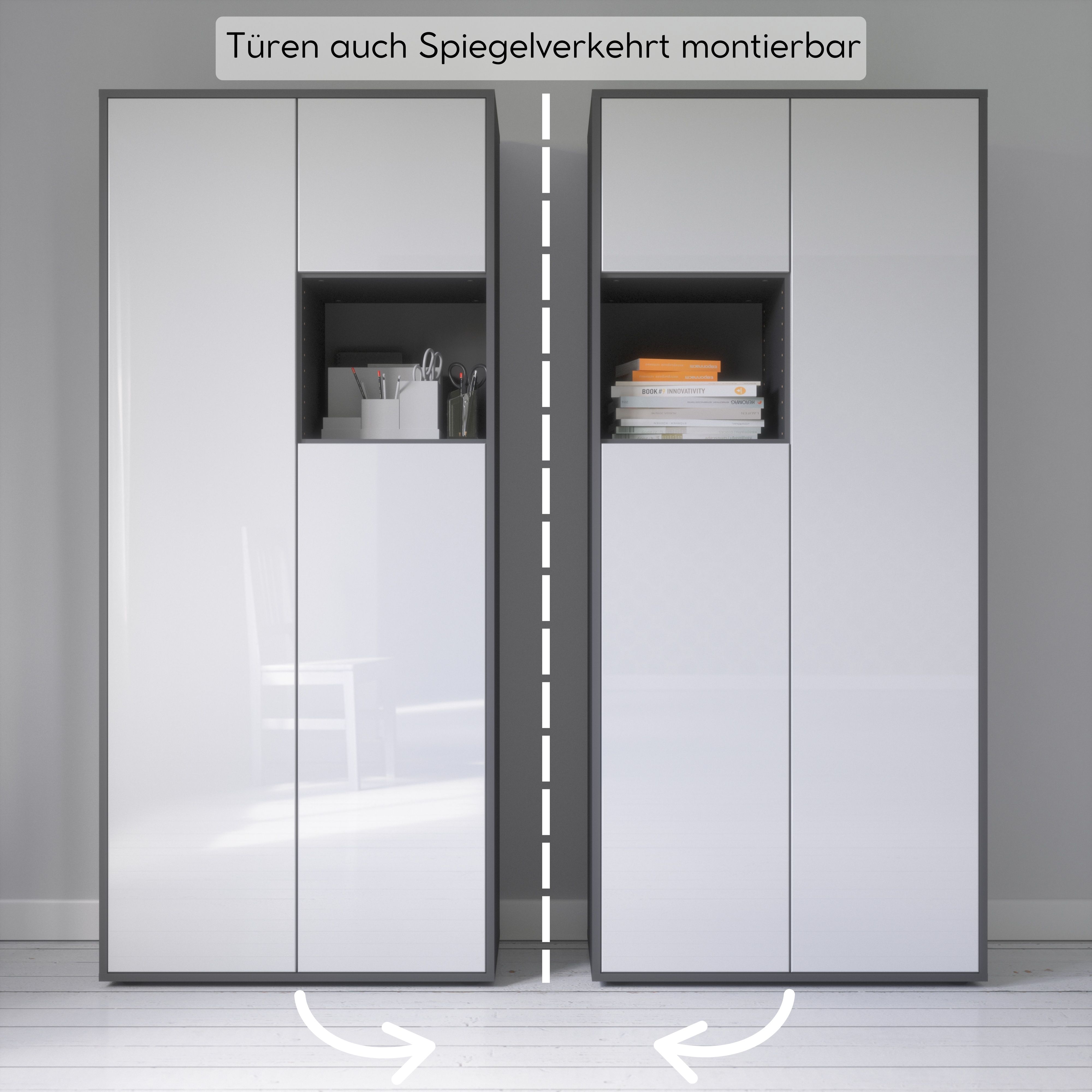 Büroschrank Amira T10, Schrank mit kleinem offenem Fach, Anthrazit Korpus, Fronten in Weiß Hochglanz , Push-to-Open, 180x80x40 cm, Büroschrank mit Ablage für Deko