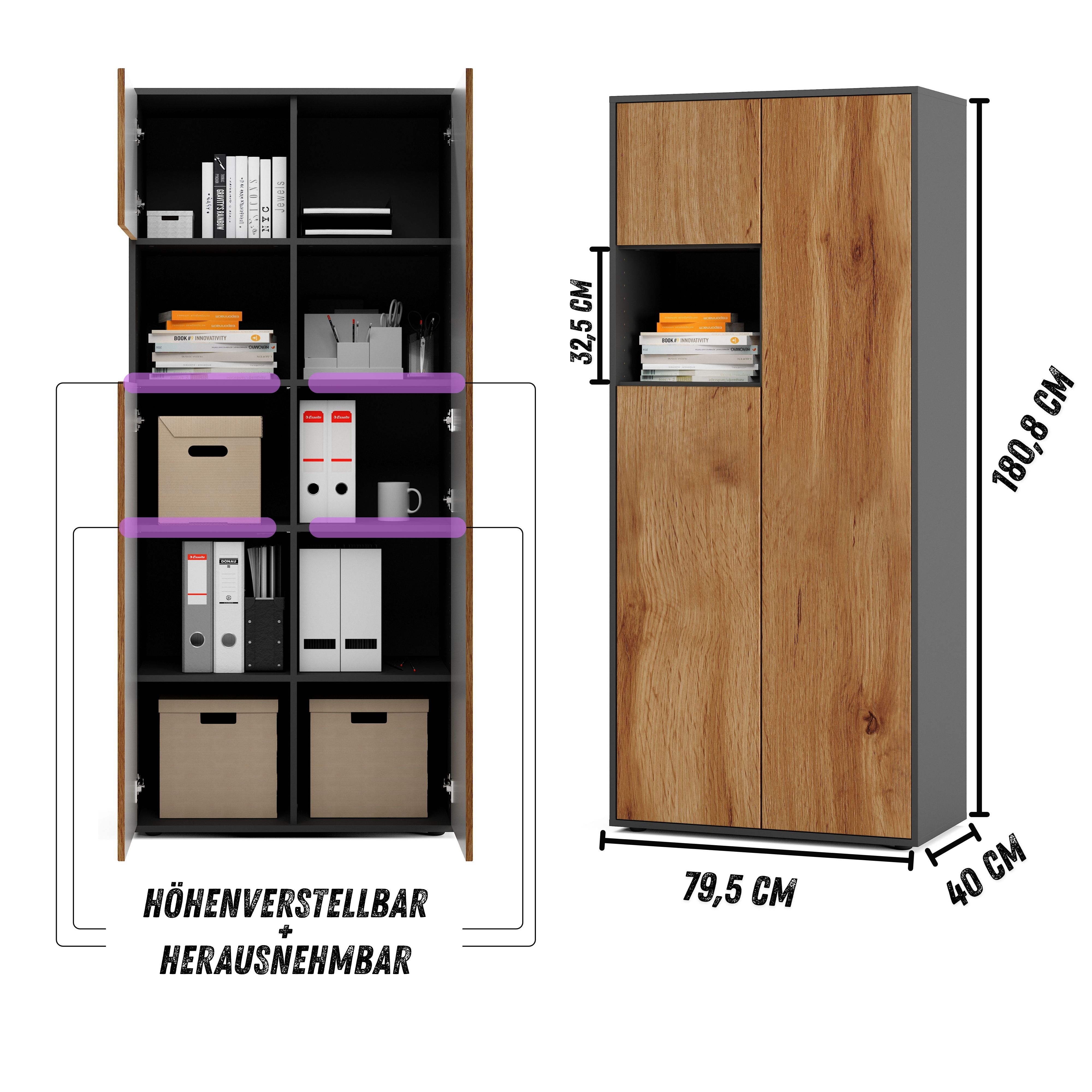 Büroschrank Amira T10, Schrank mit kleinem offenem Fach, Anthrazit Korpus, Fronten in Eiche Wotan , Push-to-Open, 180x80x40 cm, Büroschrank mit Ablage für Deko