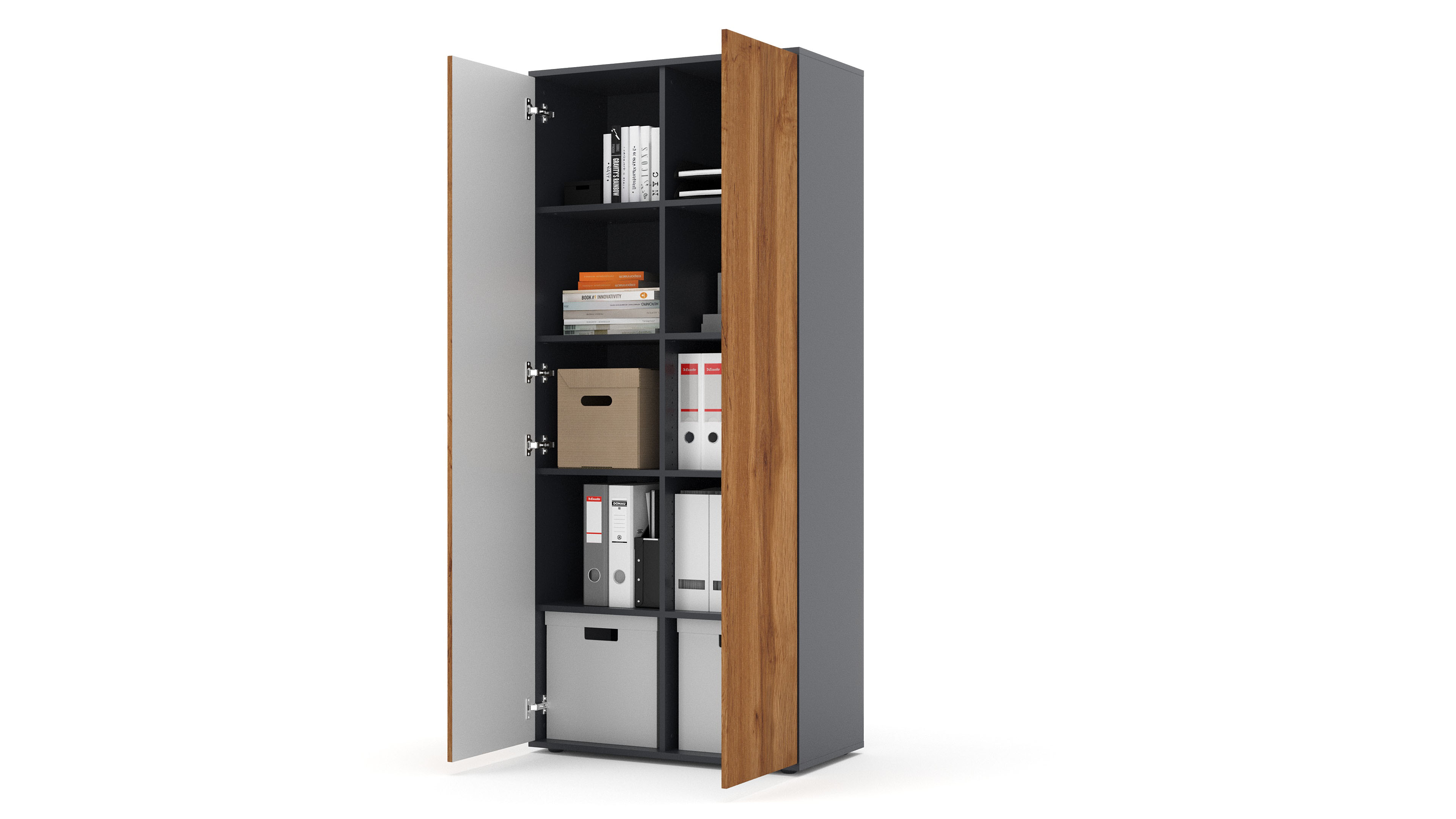 Büroschrank Amira T00, geschlossener Schrank mit 2 großen Türen, Anthrazit Korpus, Fronten in Eiche Wotan, Push-to-Open, 180x80x40 cm, Aktenregal für Büro und Homeoffice