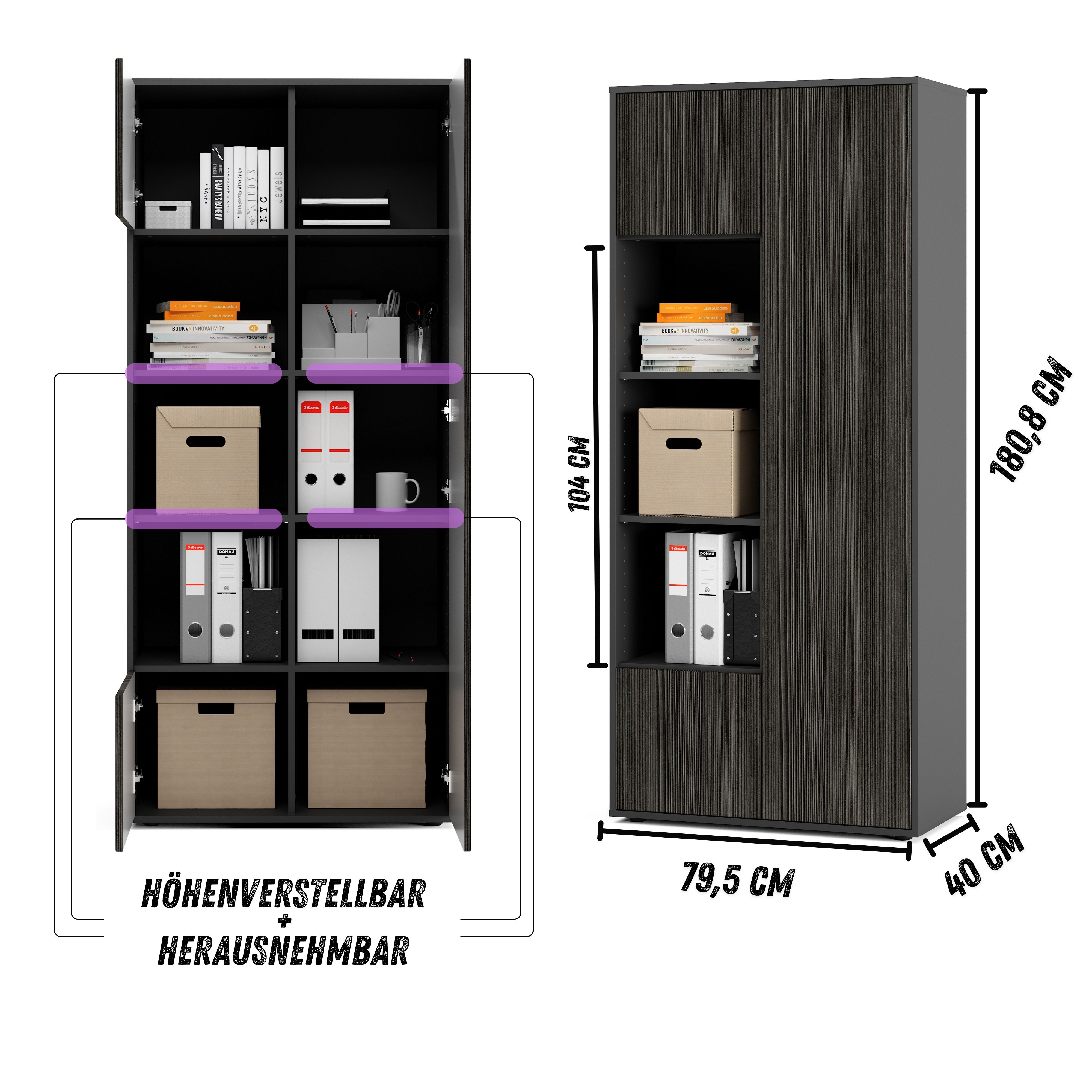 Büroschrank Amira T30, Schrank mit DREI offenen Fächern, Anthrazit Korpus, Fronten in, Push-to-Open, 180x80x40 cm, Moderner Schrank für Büro und Homeoffice