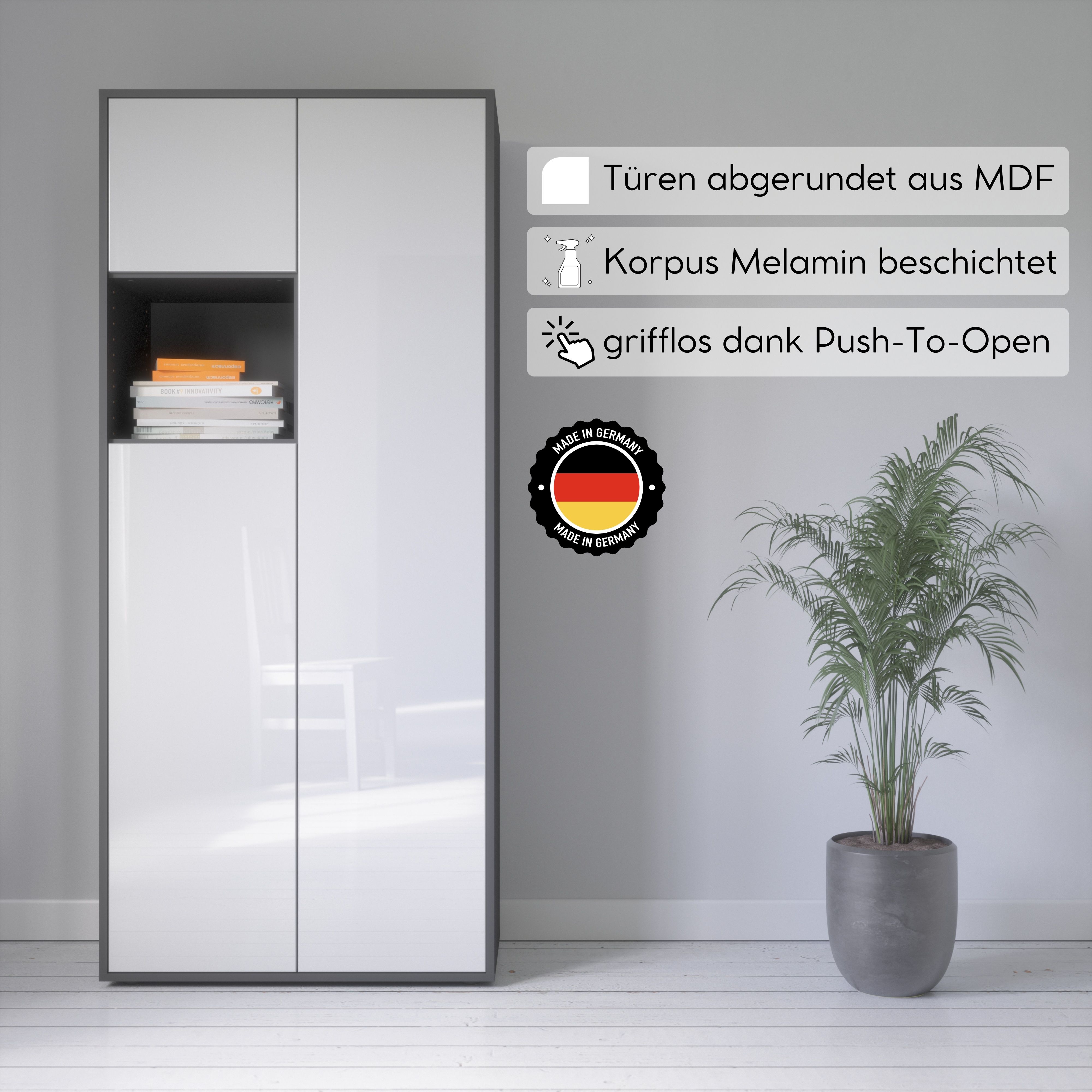 Büroschrank Amira T10, Schrank mit kleinem offenem Fach, Anthrazit Korpus, Fronten in Weiß Hochglanz , Push-to-Open, 180x80x40 cm, Büroschrank mit Ablage für Deko