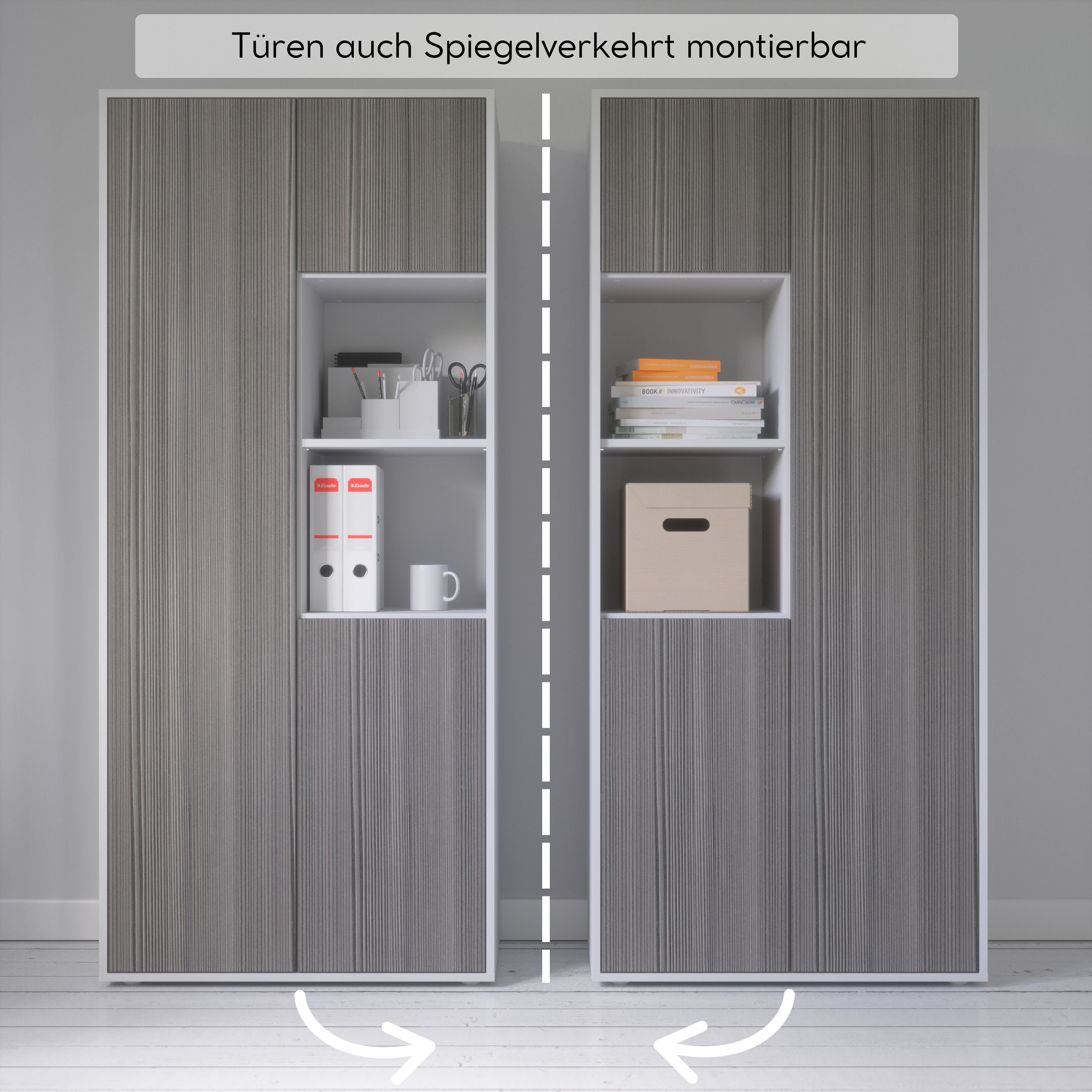 Büroschrank Amira T20 | mit 2 offenen Fächern | Aktenschrank & Mehrzweckschrank in Korpus Weiß & Front Avola Anthrazit | Push-to-Open | 180x80x40 cm