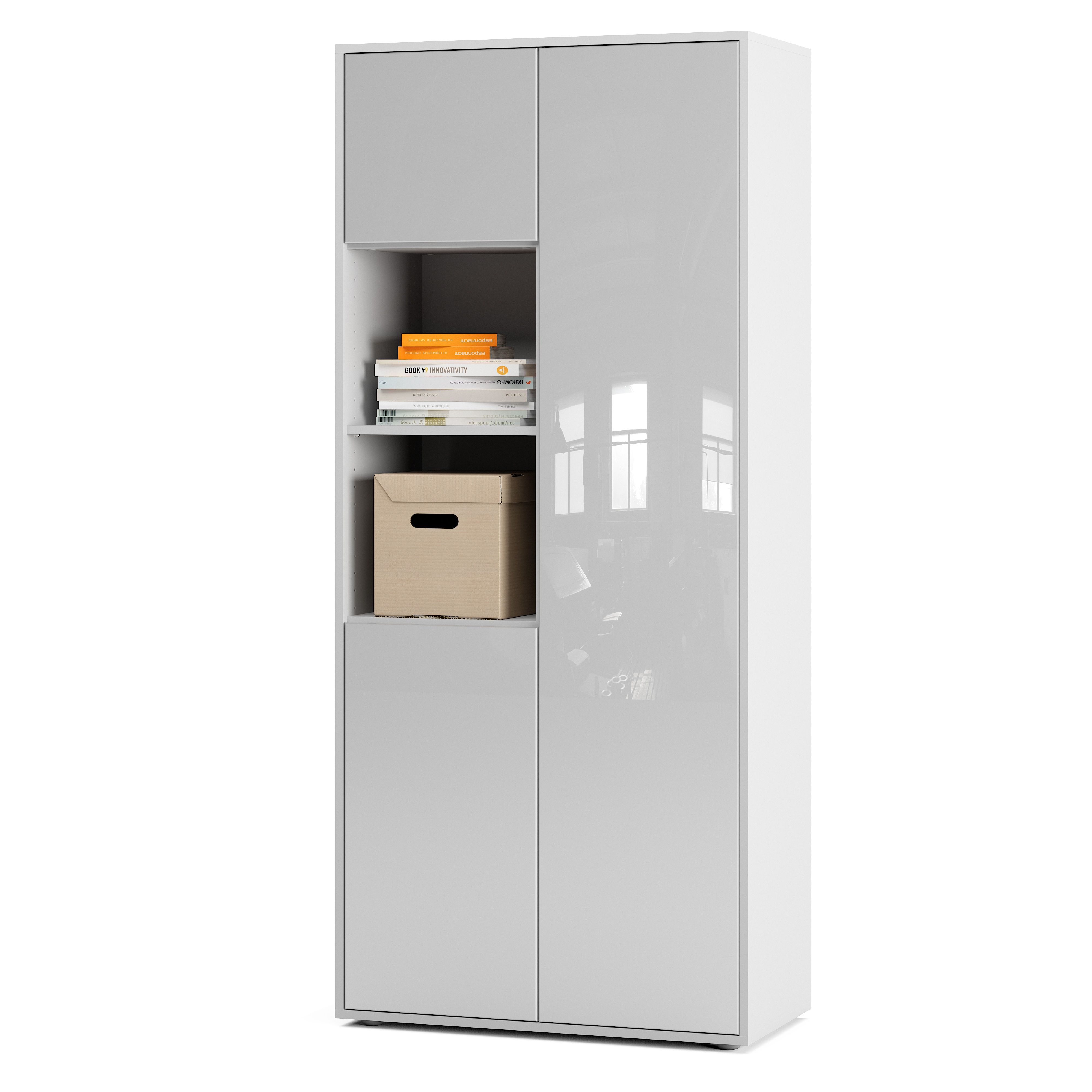 Büroschrank Amira T20 | mit 2 offenen Fächern | Aktenschrank & Mehrzweckschrank in Korpus Weiß & Front Weiß Hochglanz | Push-to-Open | 180x80x40 cm