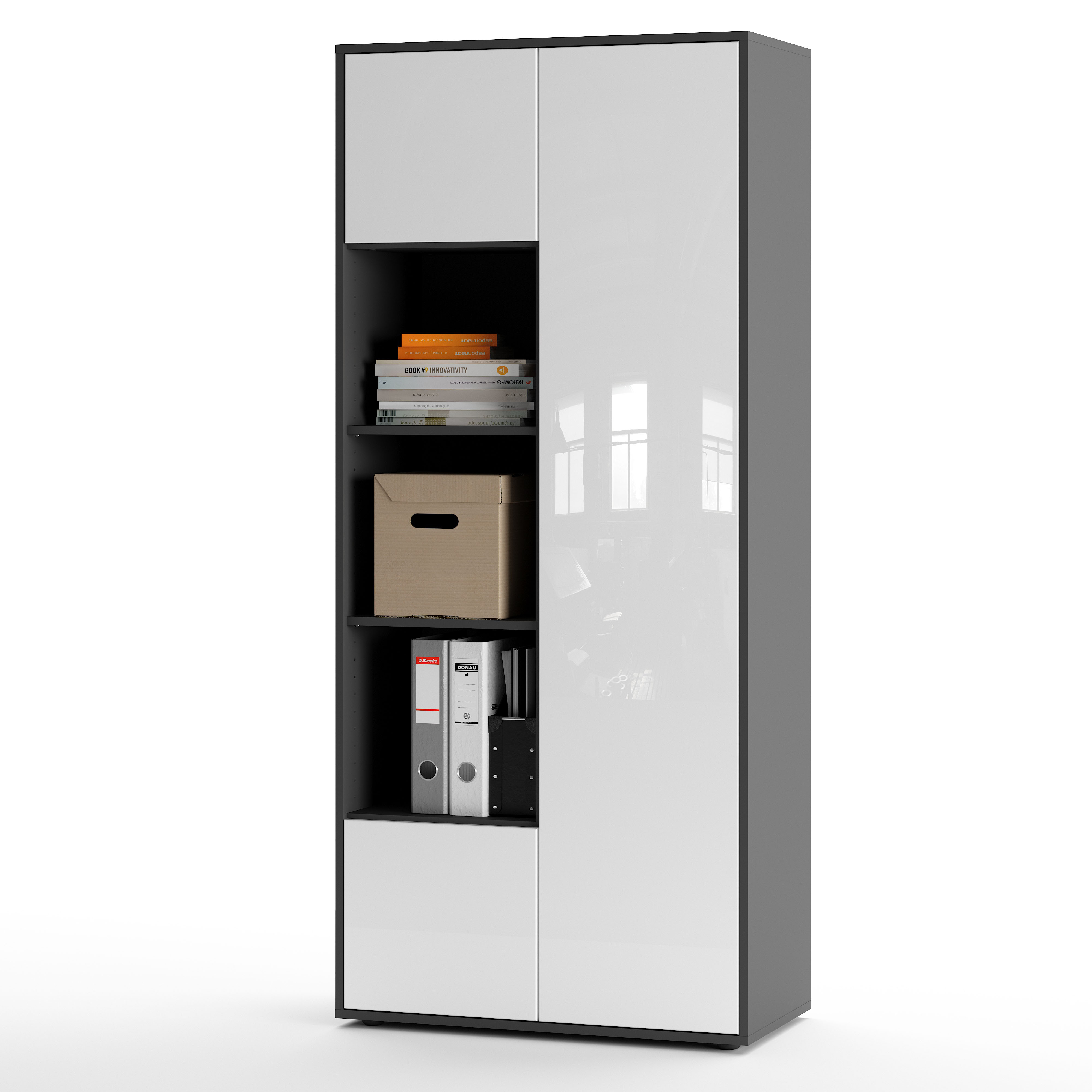 Büroschrank Amira T30, Schrank mit DREI offenen Fächern, Anthrazit Korpus, Fronten in Weiß Hochglanz, Push-to-Open, 180x80x40 cm, Moderner Schrank für Büro und Homeoffice
