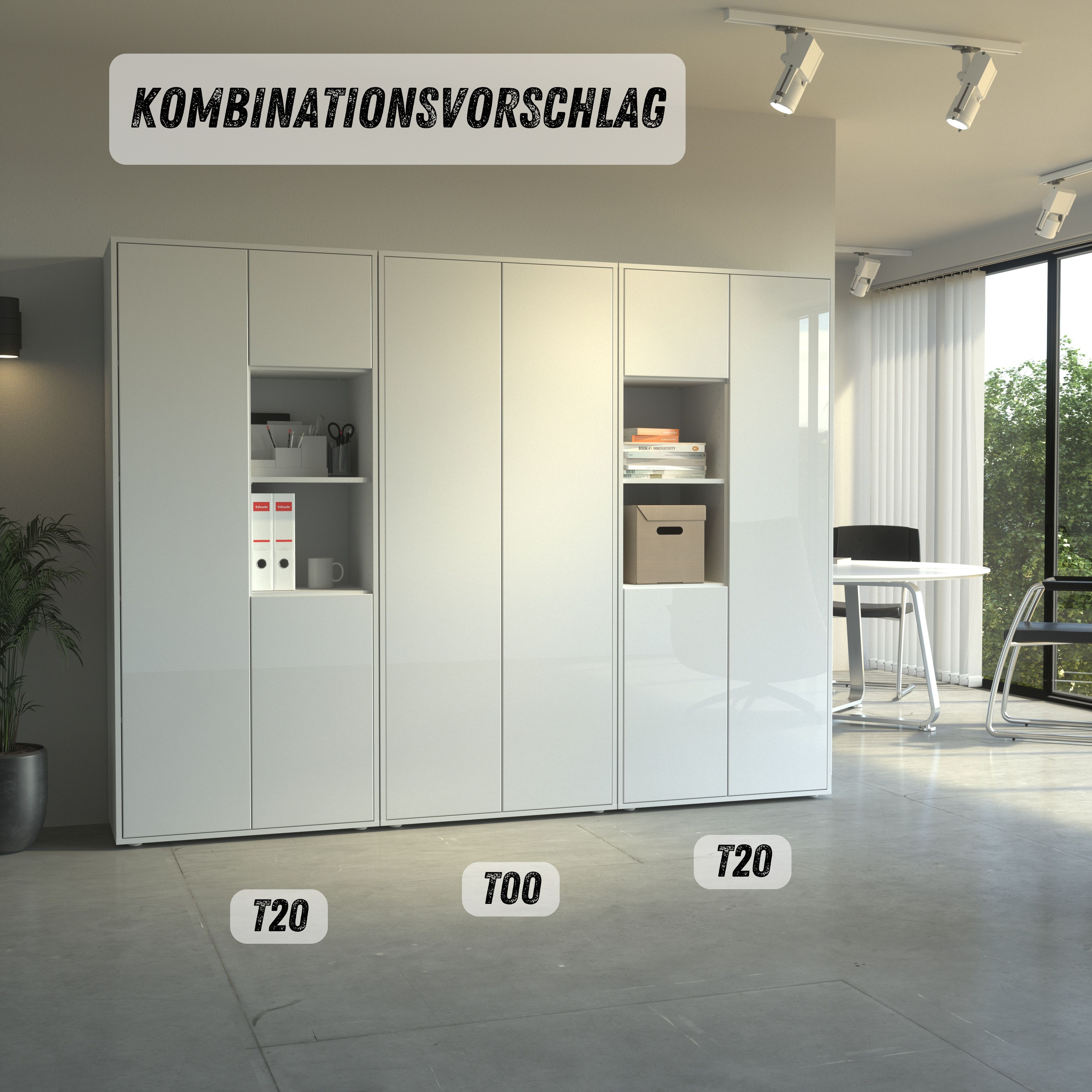 Büroschrank Amira T20 | mit 2 offenen Fächern | Aktenschrank & Mehrzweckschrank in Korpus Weiß & Front Weiß Hochglanz | Push-to-Open | 180x80x40 cm