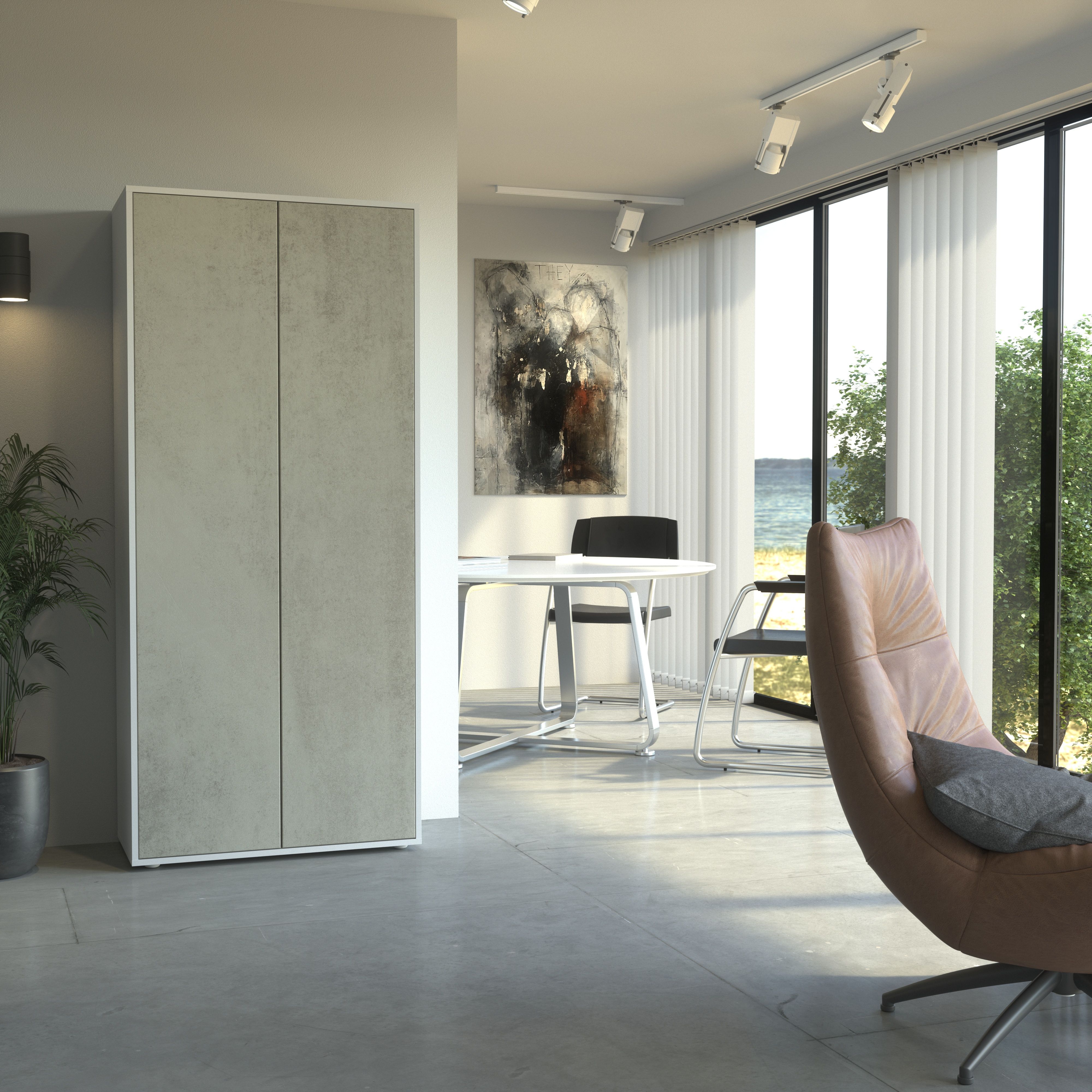Büroschrank Amira T00 | Aktenschrank & Mehrzweckschrank in Weiß & Beton Oxid | 180x80x40 cm | Push-to-Open für Büro