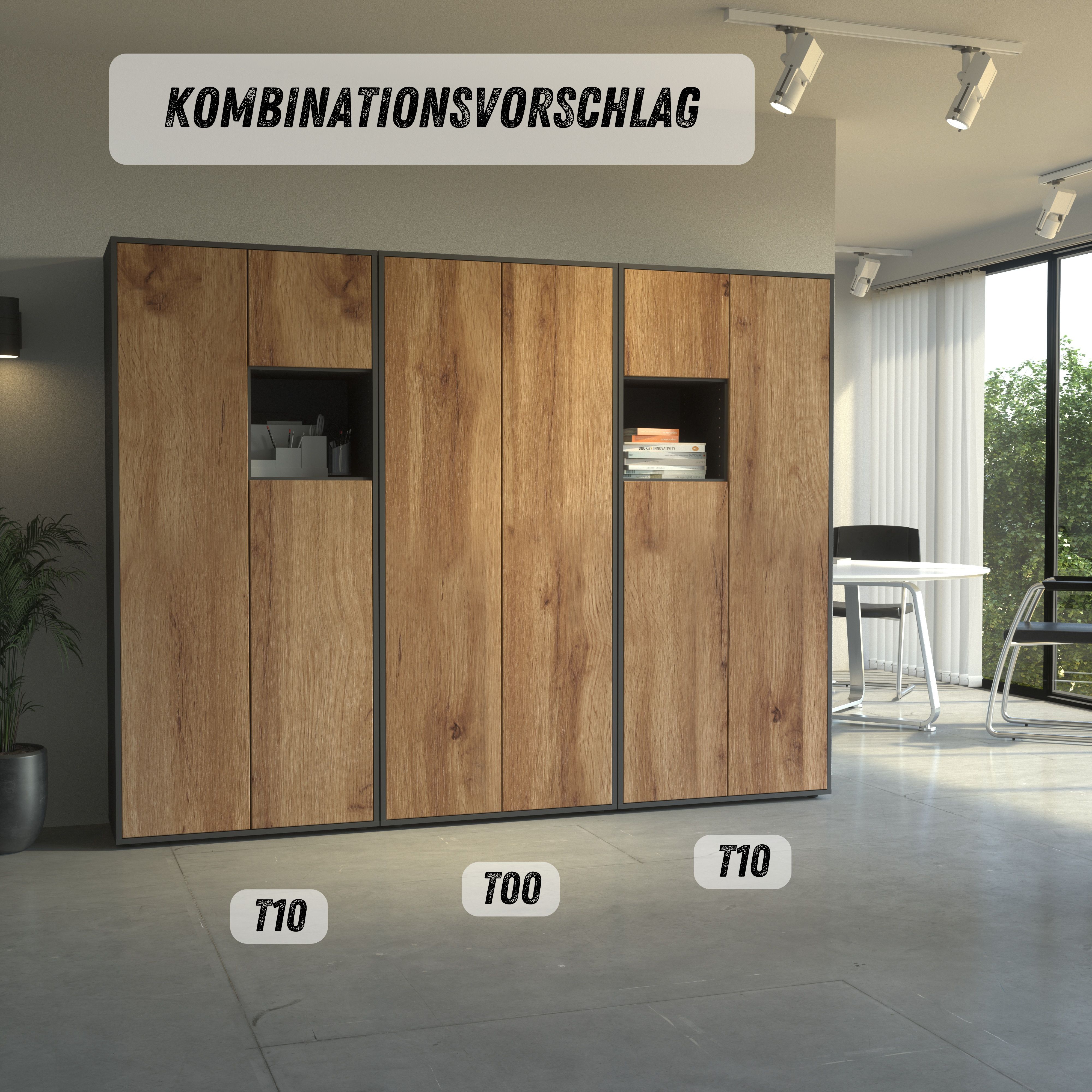 Büroschrank Amira T10, Schrank mit kleinem offenem Fach, Anthrazit Korpus, Fronten in Eiche Wotan , Push-to-Open, 180x80x40 cm, Büroschrank mit Ablage für Deko