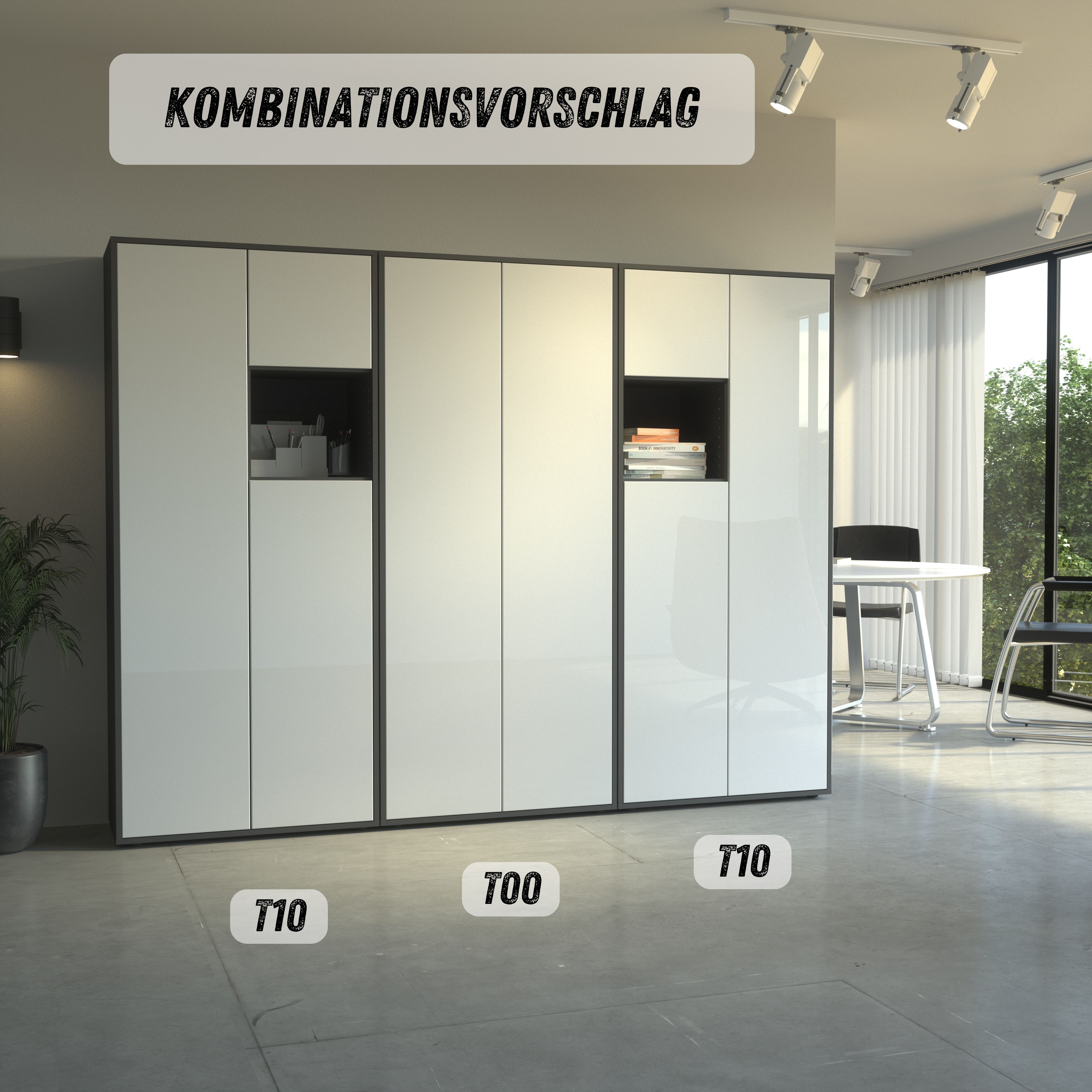 Büroschrank Amira T10, Schrank mit kleinem offenem Fach, Anthrazit Korpus, Fronten in Weiß Hochglanz , Push-to-Open, 180x80x40 cm, Büroschrank mit Ablage für Deko
