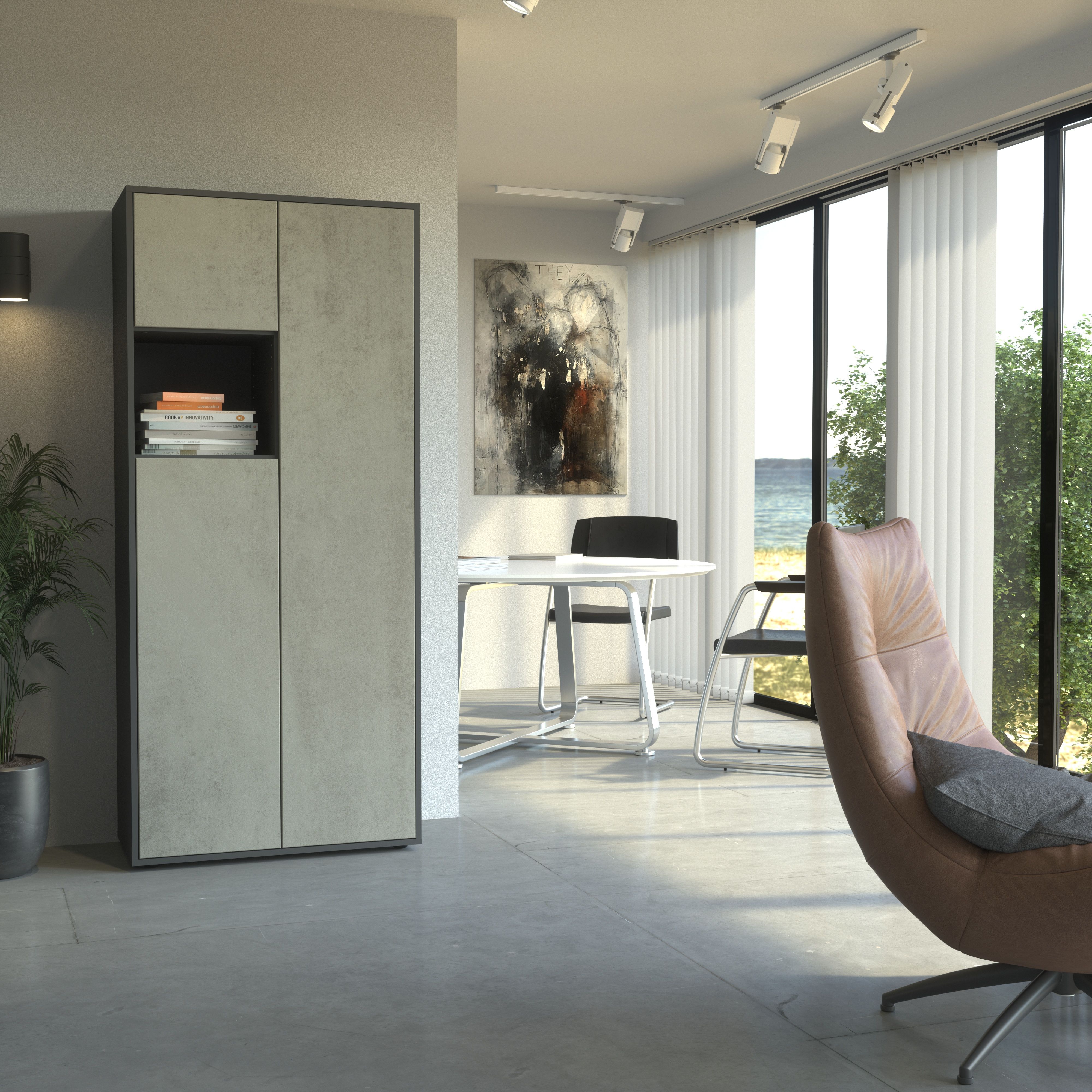 Büroschrank Amira T10, Schrank mit kleinem offenem Fach, Anthrazit , Push-to-Open, 180x80x40 cm, Büroschrank mit Ablage für Deko