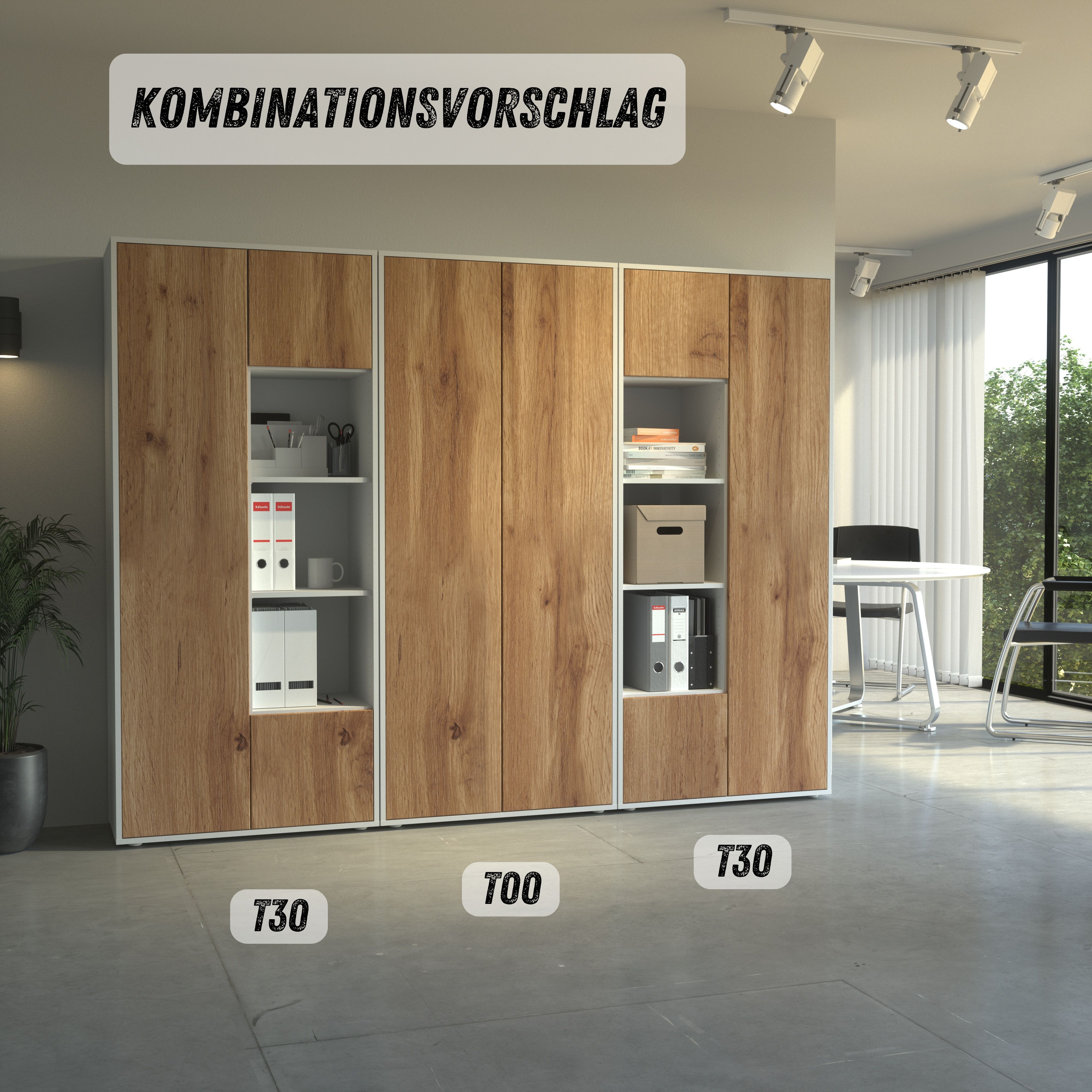 Büroschrank Amira T30 | Aktenschrank & Mehrzweckschrank in Weiß & Eiche Wotan | 3 offene Fächer | Push-to-Open | 181x80x40 cm | für Homeoffice & Büro