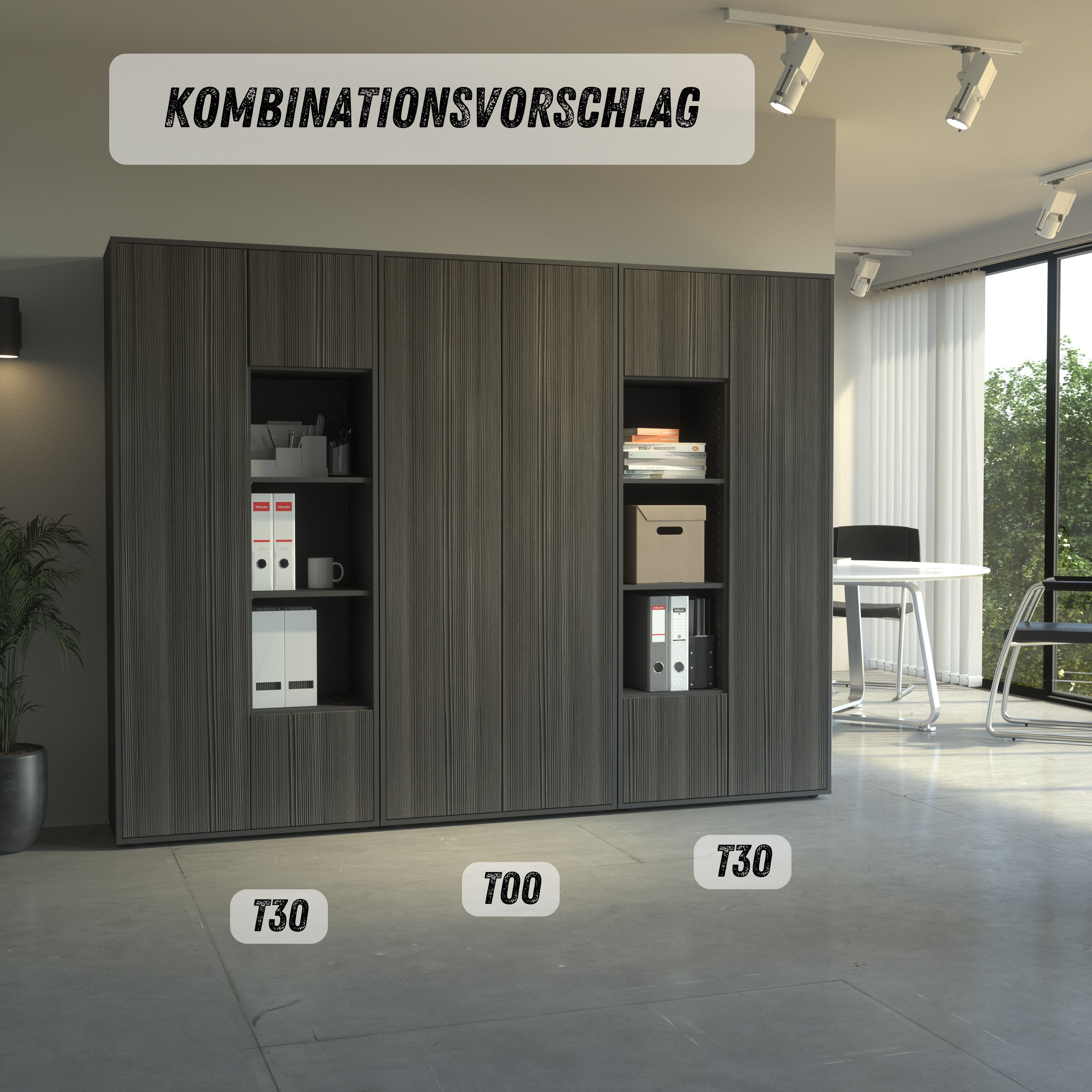 Büroschrank Amira T30, Schrank mit DREI offenen Fächern, Anthrazit Korpus, Fronten in, Push-to-Open, 180x80x40 cm, Moderner Schrank für Büro und Homeoffice