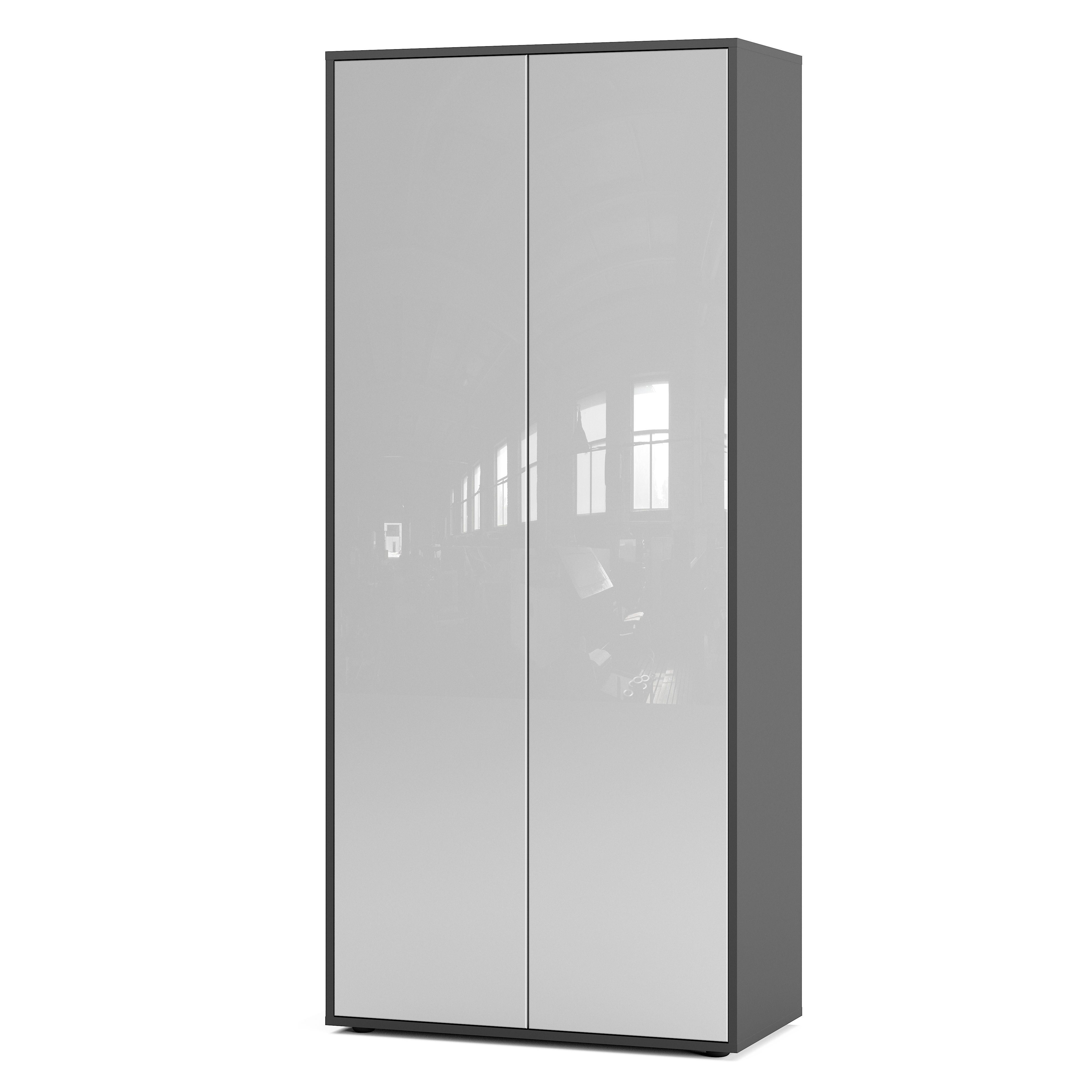Büroschrank Amira T00, geschlossener Schrank mit 2 großen Türen, Anthrazit Korpus , Fronten in Weiß Hochglanz, Push-to-Open, 180x80x40 cm, Aktenregal für Büro und Homeoffice