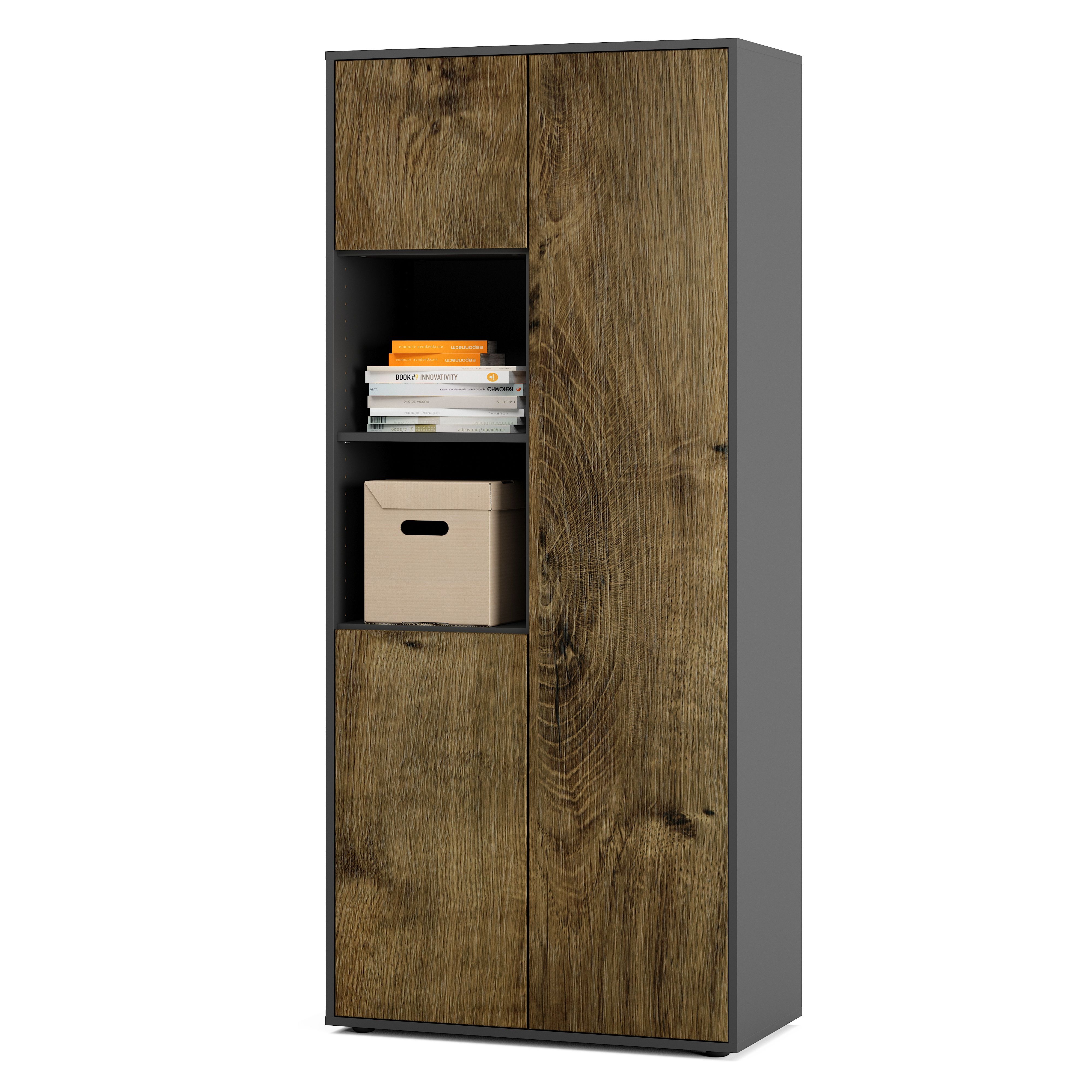 Büroschrank Amira T20, Schrank mit Zwei offenen Fächern, Anthrazit Korpus, Fronten in Eiche Ribbeck , Push-to-Open, 180x80x40 cm, Büroschrank für Büro und Homeoffice
