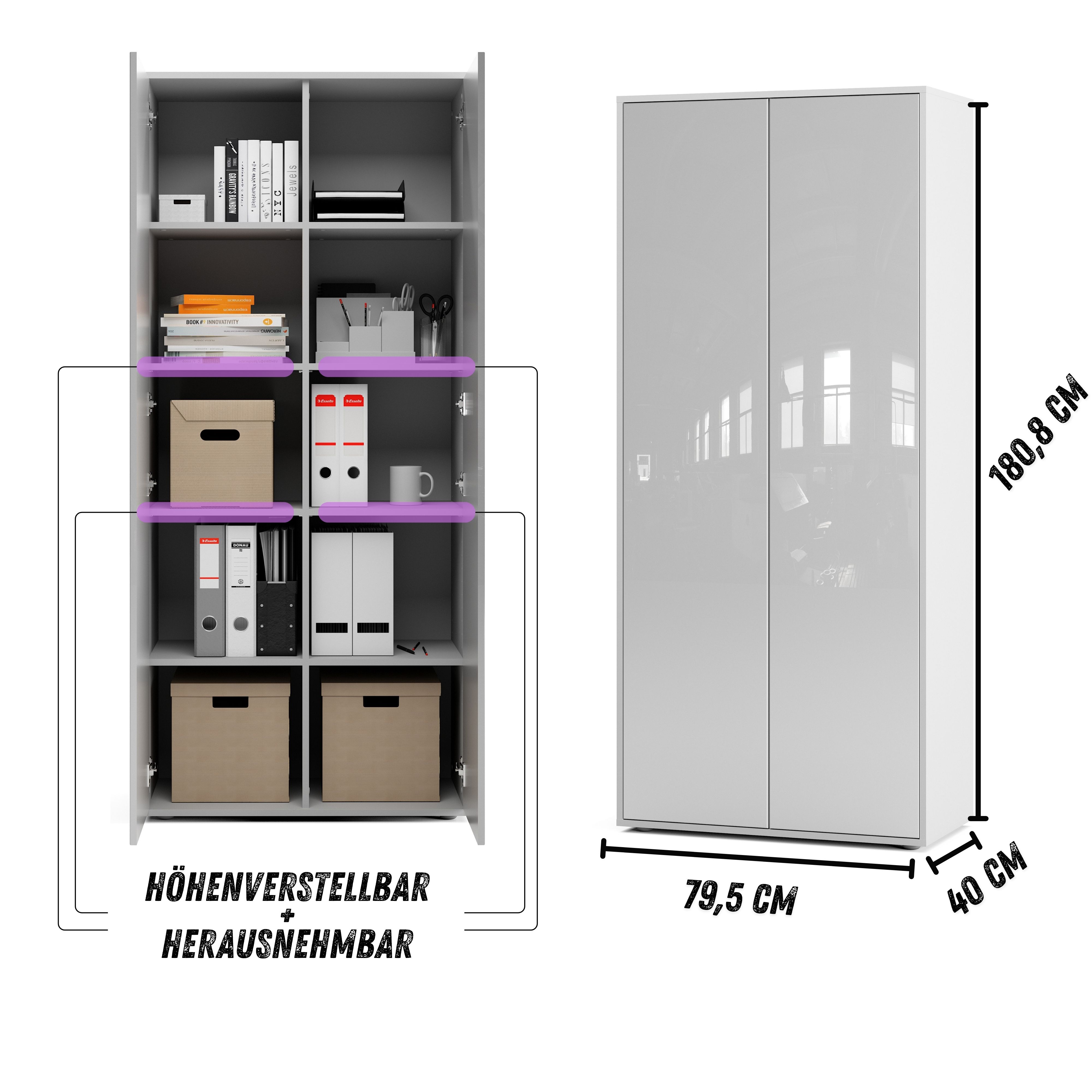 Büroschrank Amira T00 | Aktenschrank & Mehrzweckschrank in Weiß & Weiß Hochglanz | 180x80x40 cm | Push-to-Open für Büro