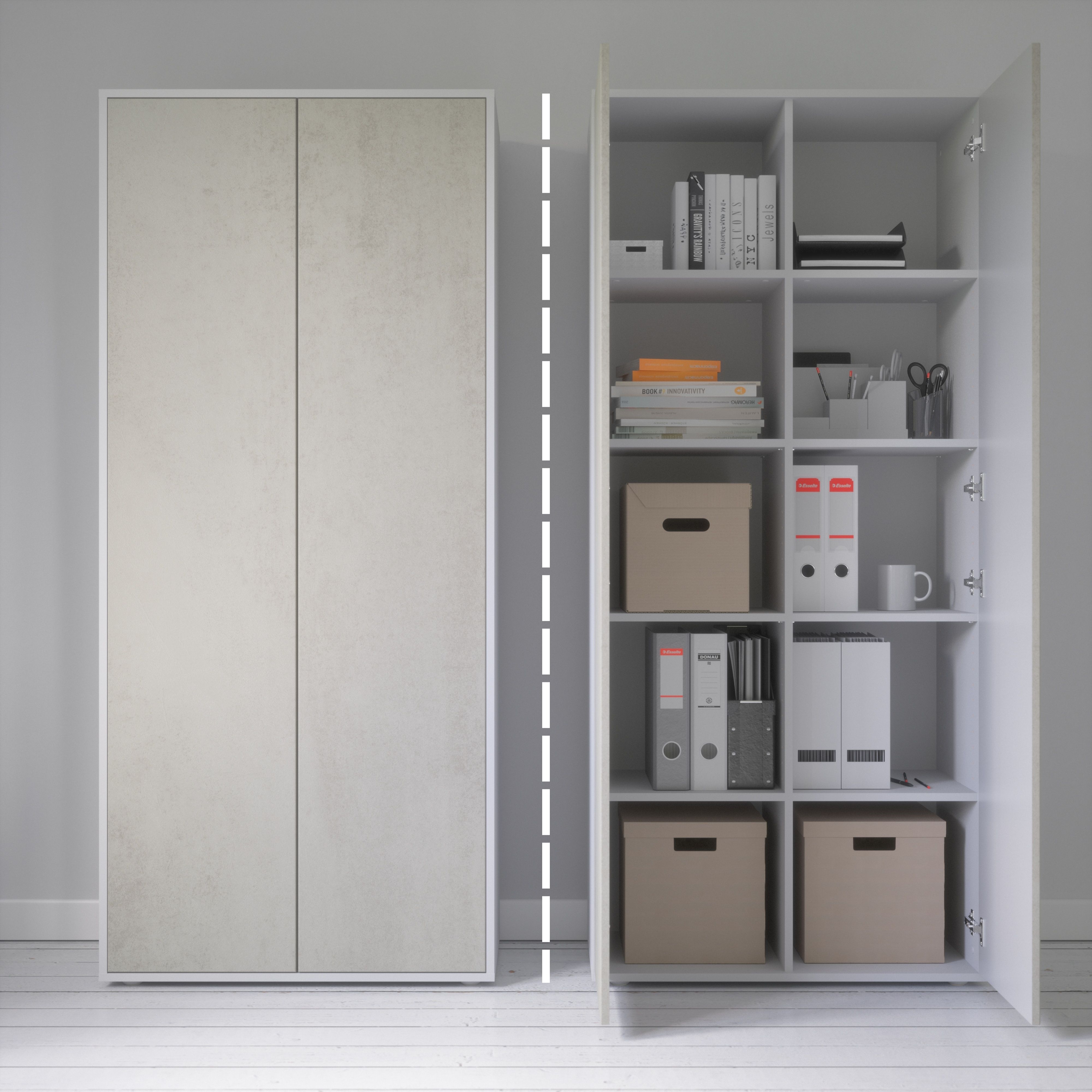 Büroschrank Amira T00 | Aktenschrank & Mehrzweckschrank in Weiß & Beton Oxid | 180x80x40 cm | Push-to-Open für Büro