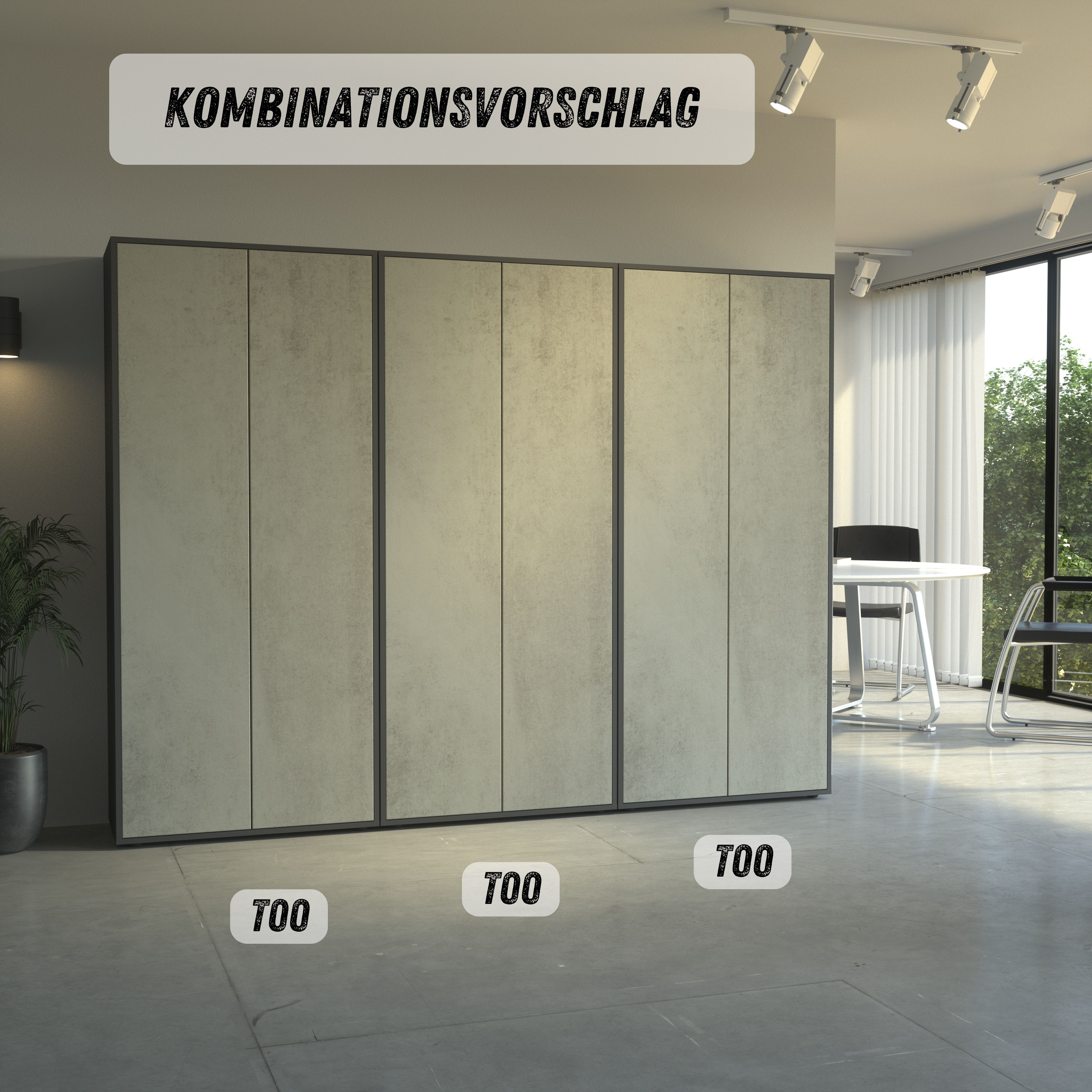 Büroschrank Amira T00, geschlossener Schrank mit 2 großen Türen, Anthrazit Korpus, Fronten in Beton Oxid, Push-to-Open, 180x80x40 cm, Aktenregal für Büro und Homeoffice