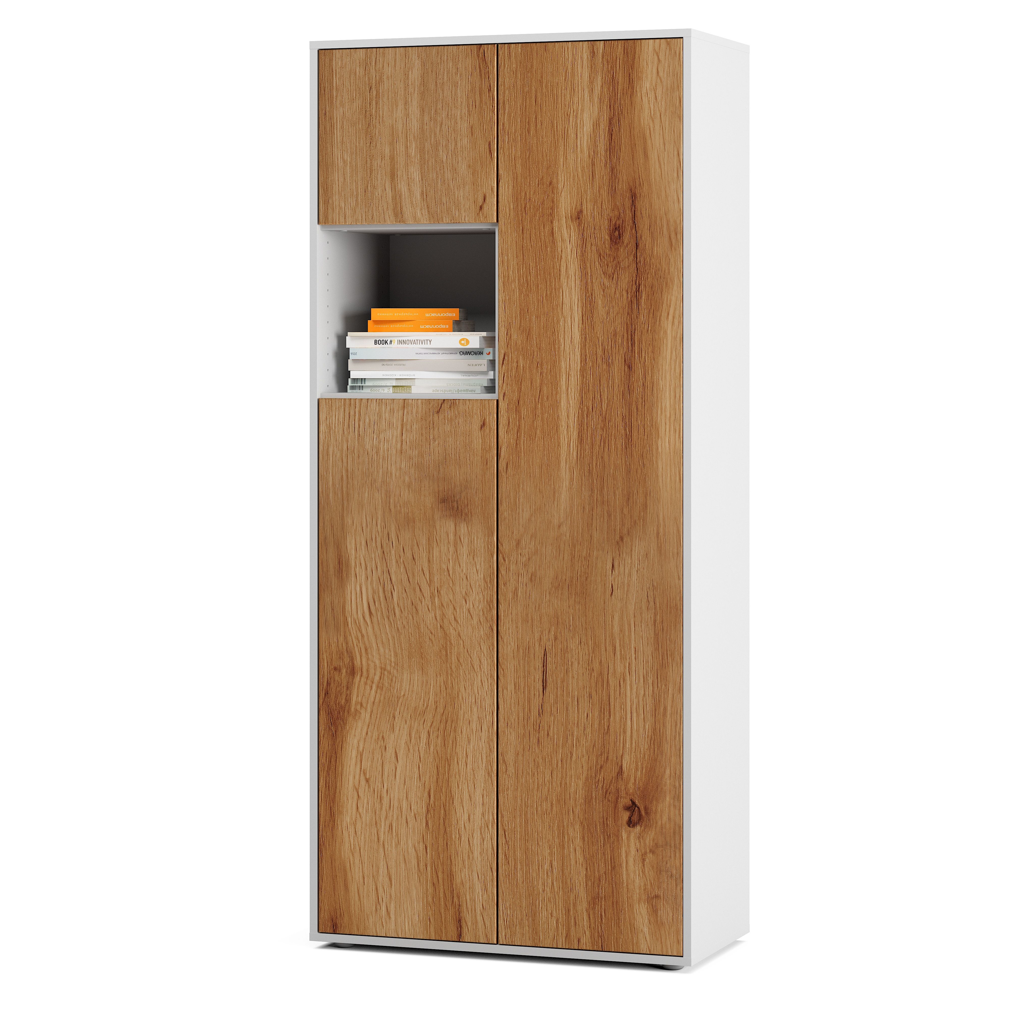 Büroschrank Amira T10 | Aktenschrank & Mehrzweckschrank mit offenem Fach | Weiß & Eiche Wotan | Push-to-Open | 180x80x40 cm | Modern für Büro & Homeoffice