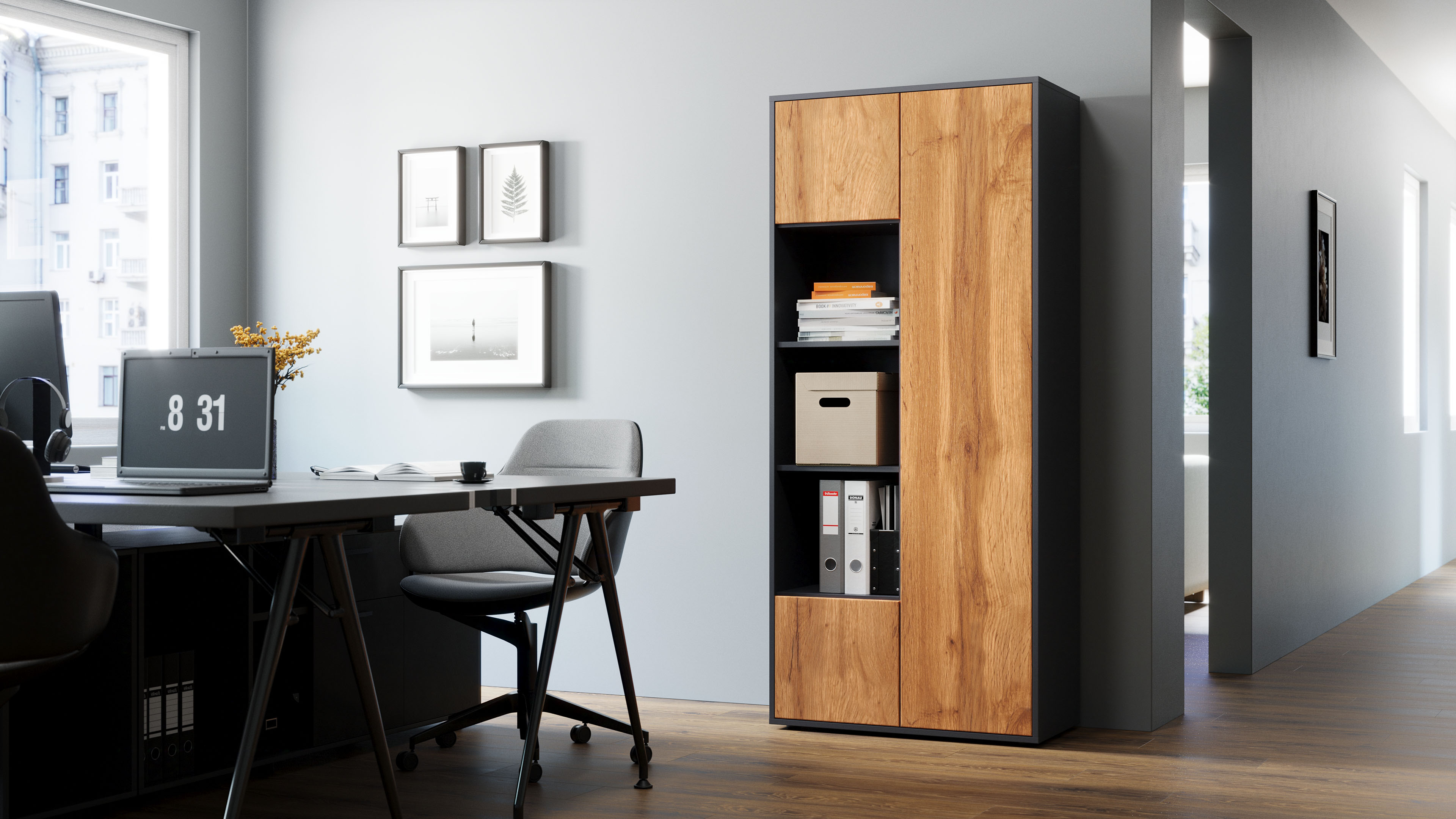 Büroschrank Amira T30, Schrank mit DREI offenen Fächern, Anthrazit Korpus, Fronten in Eiche Wotan, Push-to-Open, 180x80x40 cm, Moderner Schrank für Büro und Homeoffice