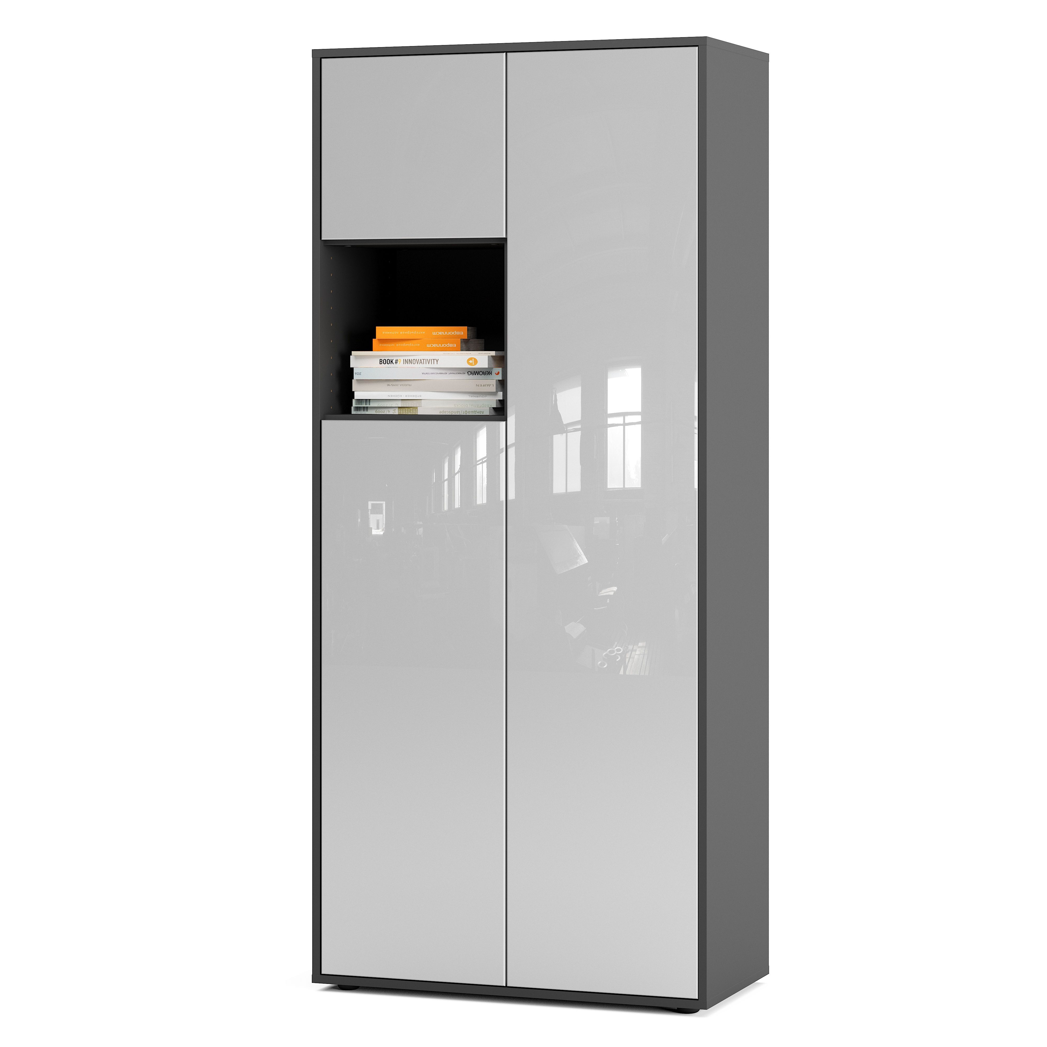 Büroschrank Amira T10, Schrank mit kleinem offenem Fach, Anthrazit Korpus, Fronten in Weiß Hochglanz , Push-to-Open, 180x80x40 cm, Büroschrank mit Ablage für Deko