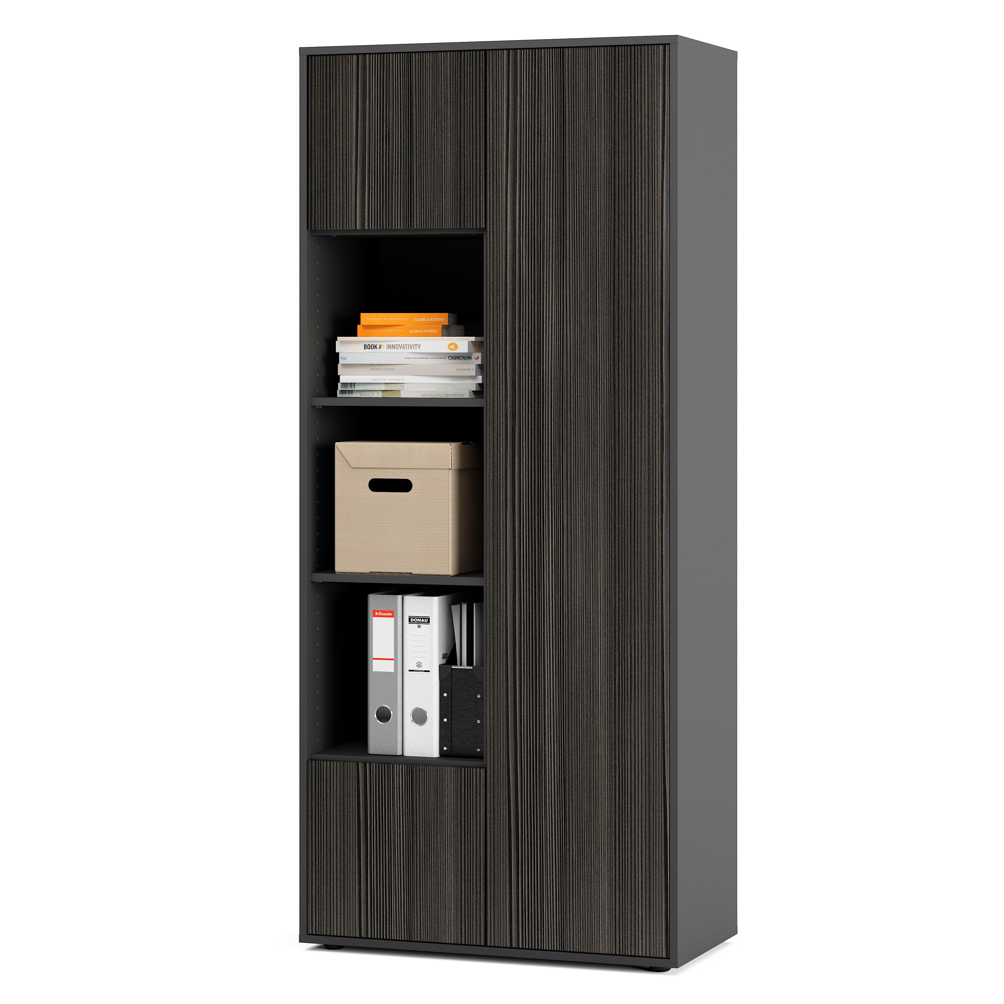 Büroschrank Amira T30, Schrank mit DREI offenen Fächern, Anthrazit Korpus, Fronten in, Push-to-Open, 180x80x40 cm, Moderner Schrank für Büro und Homeoffice