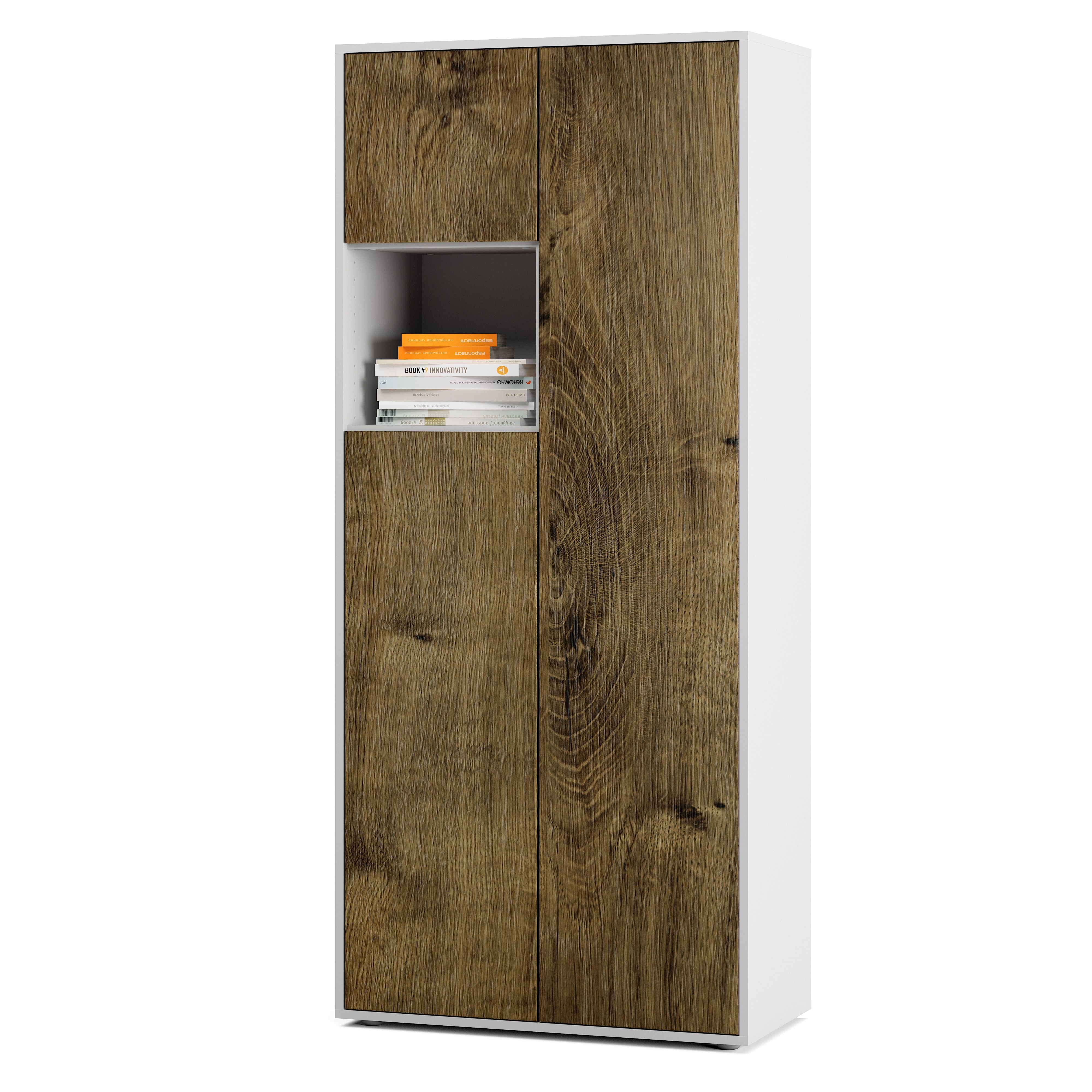 Büroschrank Amira T10 | Aktenschrank & Mehrzweckschrank mit offenem Fach | Weiß & Eiche Ribbeck | Push-to-Open | 180x80x40 cm | Modern für Büro & Homeoffice