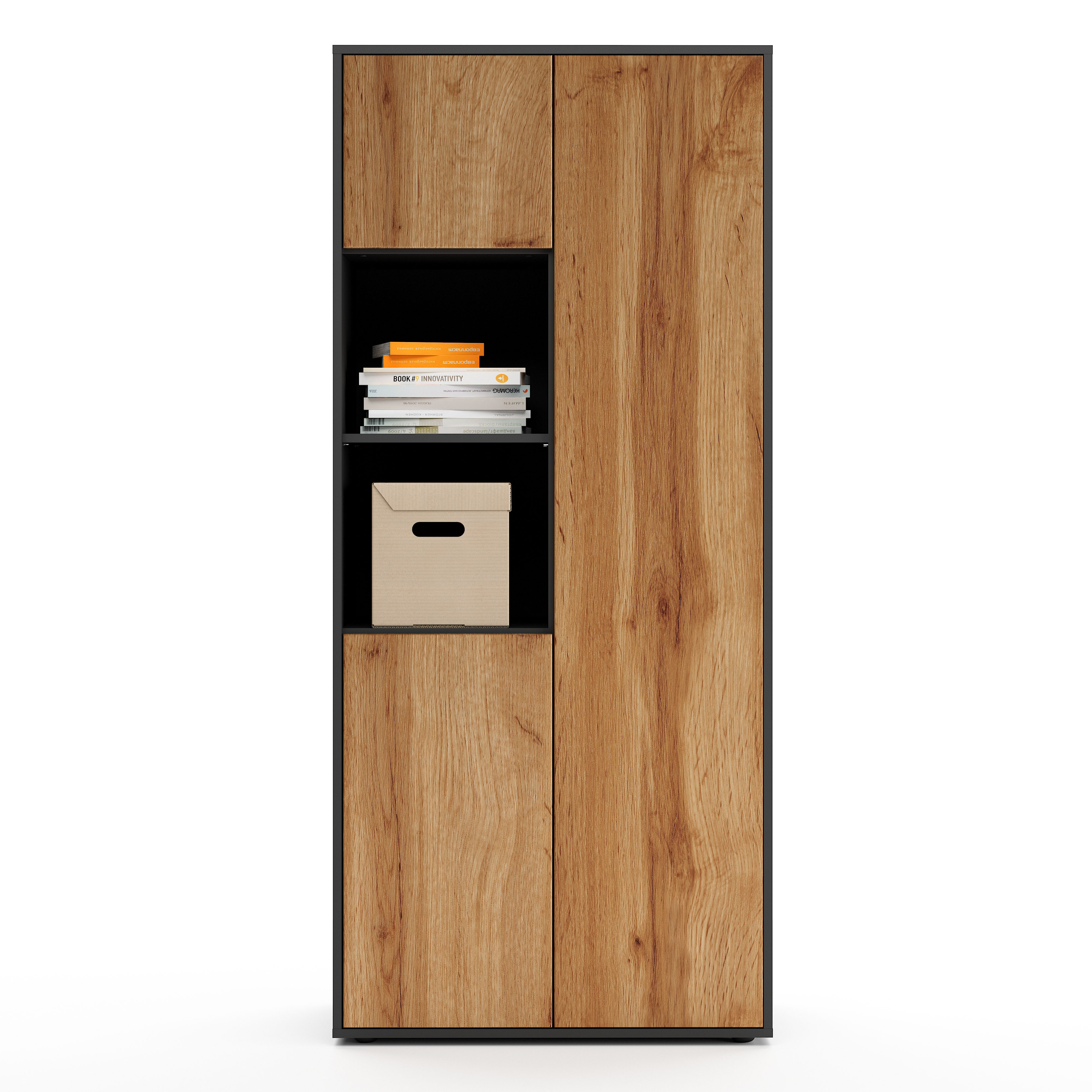 Büroschrank Amira T20, Schrank mit Zwei offenen Fächern, Anthrazit Korpus, Fronten in Eiche Wotan , Push-to-Open, 180x80x40 cm, Büroschrank für Büro und Homeoffice