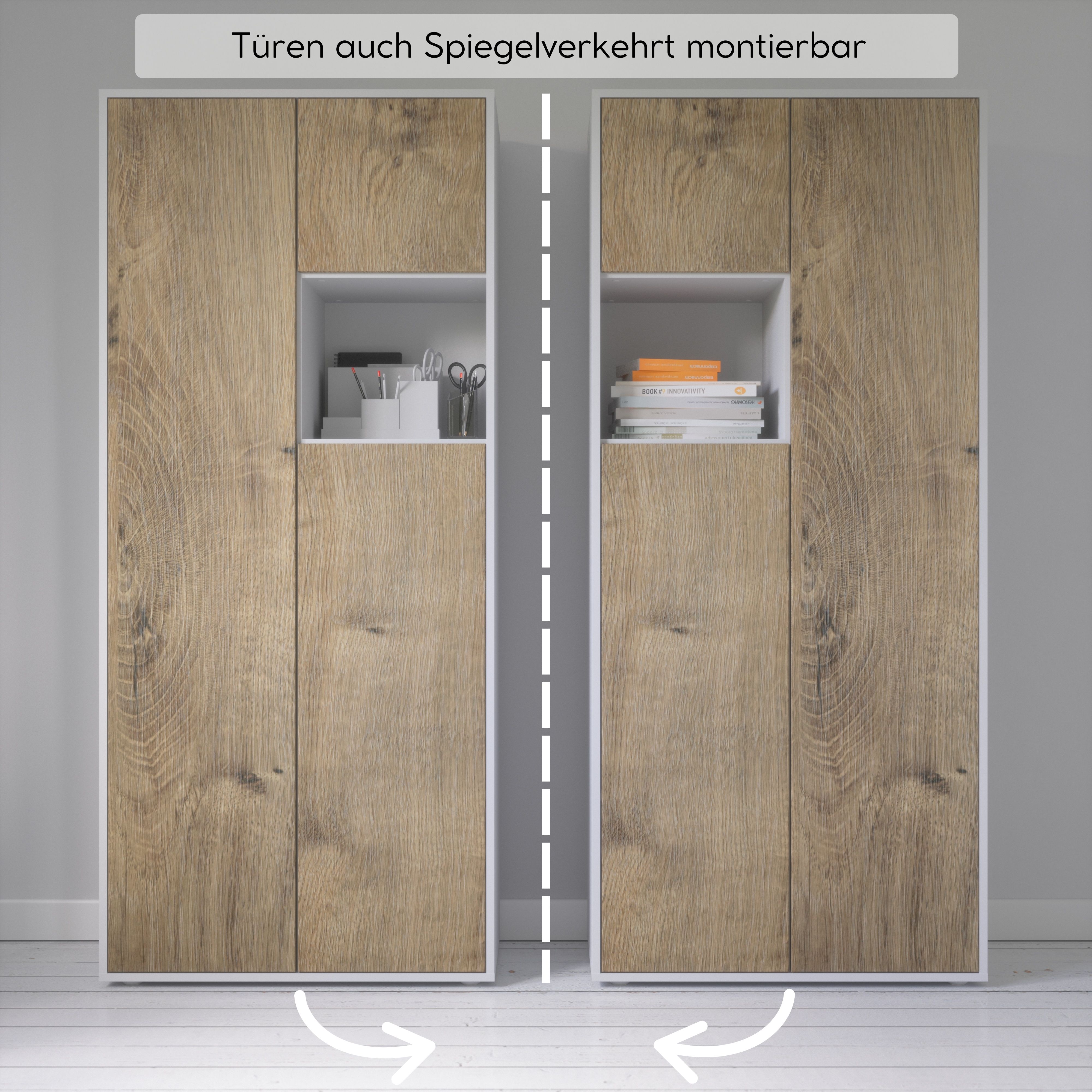 Büroschrank Amira T10 | Aktenschrank & Mehrzweckschrank mit offenem Fach | Weiß & Eiche Ribbeck | Push-to-Open | 180x80x40 cm | Modern für Büro & Homeoffice