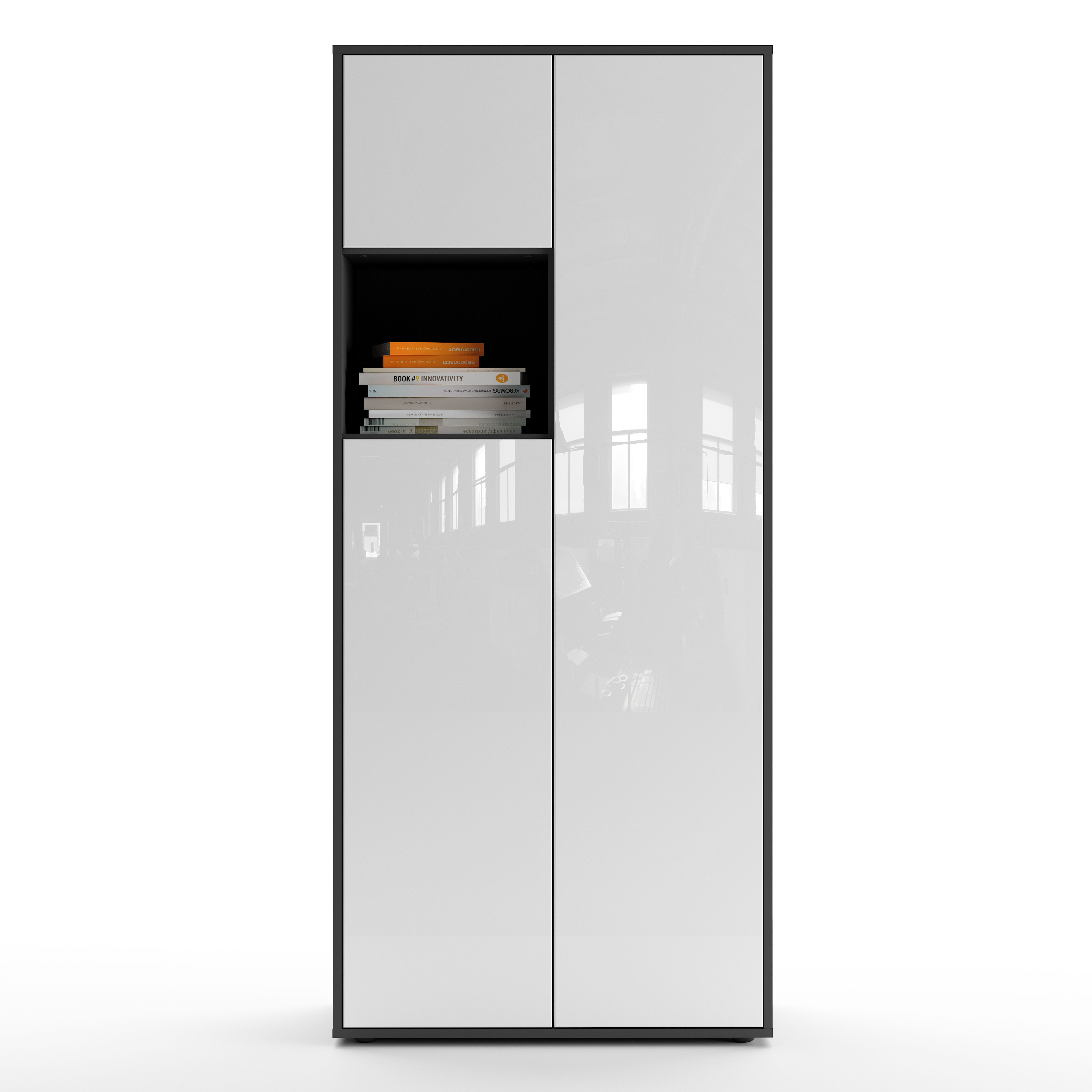 Büroschrank Amira T10, Schrank mit kleinem offenem Fach, Anthrazit Korpus, Fronten in Weiß Hochglanz , Push-to-Open, 180x80x40 cm, Büroschrank mit Ablage für Deko