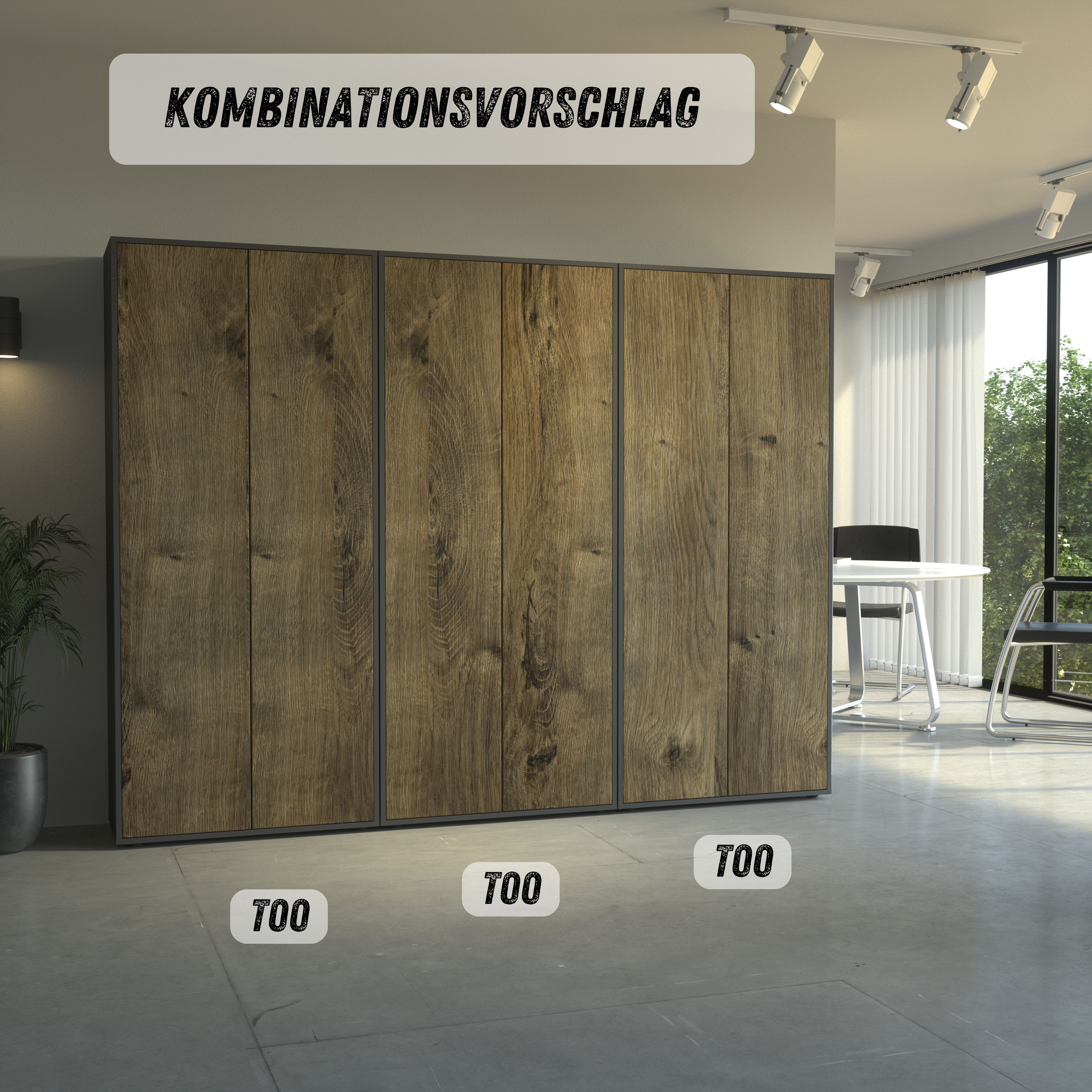 Büroschrank Amira T00, geschlossener Schrank mit 2 großen Türen, Anthrazit Korpus, Fronten in Eiche Ribbeck, Push-to-Open, 180x80x40 cm, Aktenregal für Büro und Homeoffice