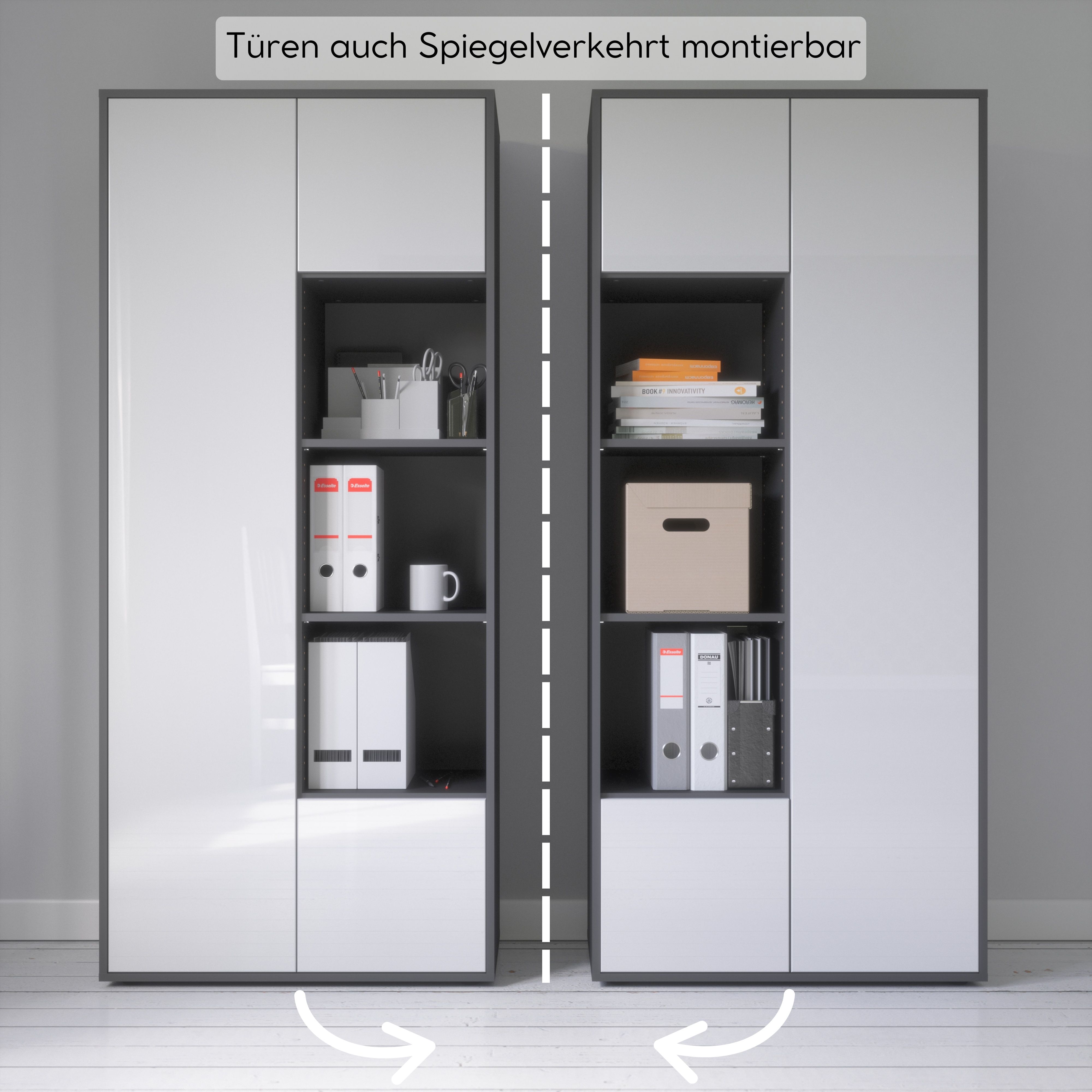 Büroschrank Amira T30, Schrank mit DREI offenen Fächern, Anthrazit Korpus, Fronten in Weiß Hochglanz, Push-to-Open, 180x80x40 cm, Moderner Schrank für Büro und Homeoffice