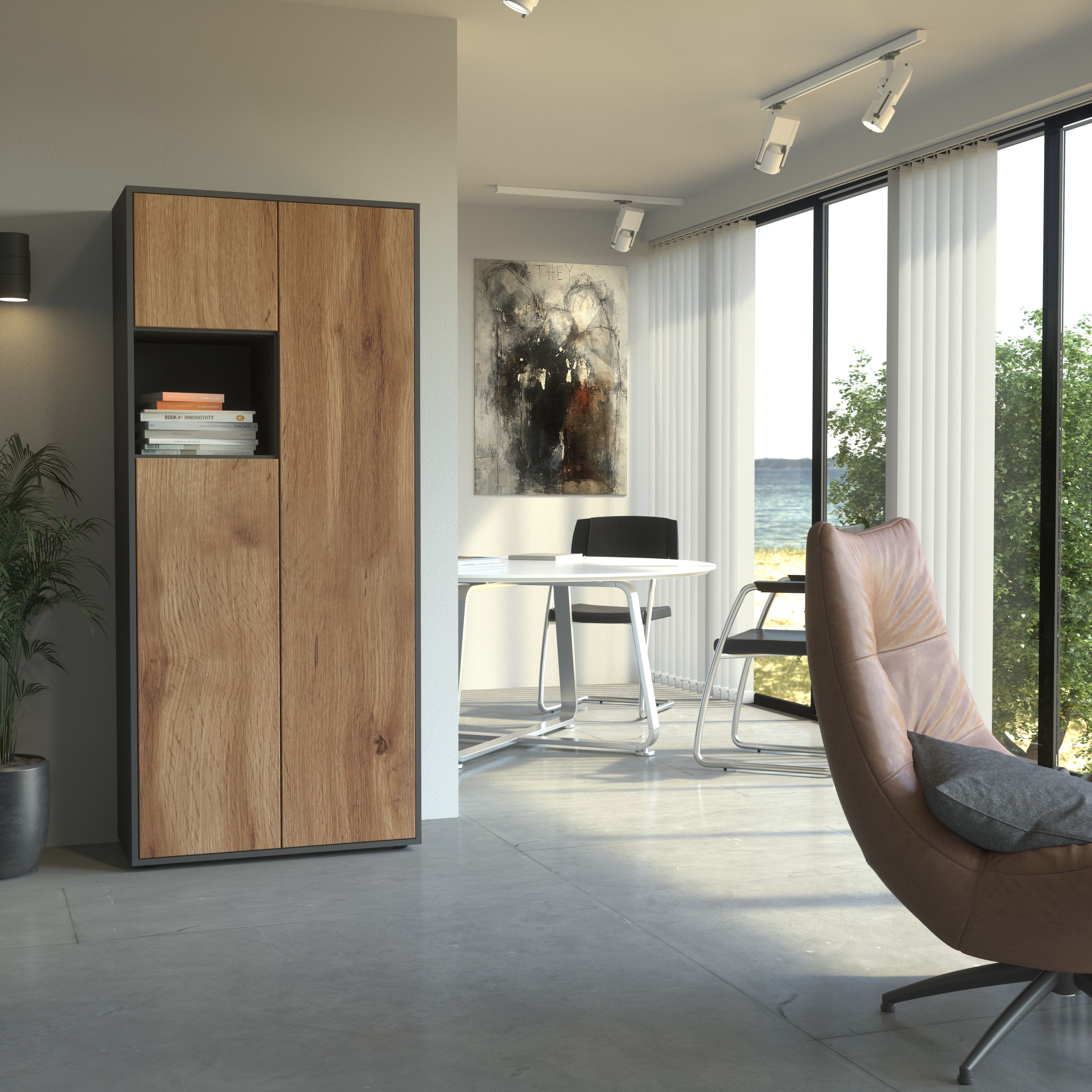 Büroschrank Amira T10, Schrank mit kleinem offenem Fach, Anthrazit Korpus, Fronten in Eiche Wotan , Push-to-Open, 180x80x40 cm, Büroschrank mit Ablage für Deko