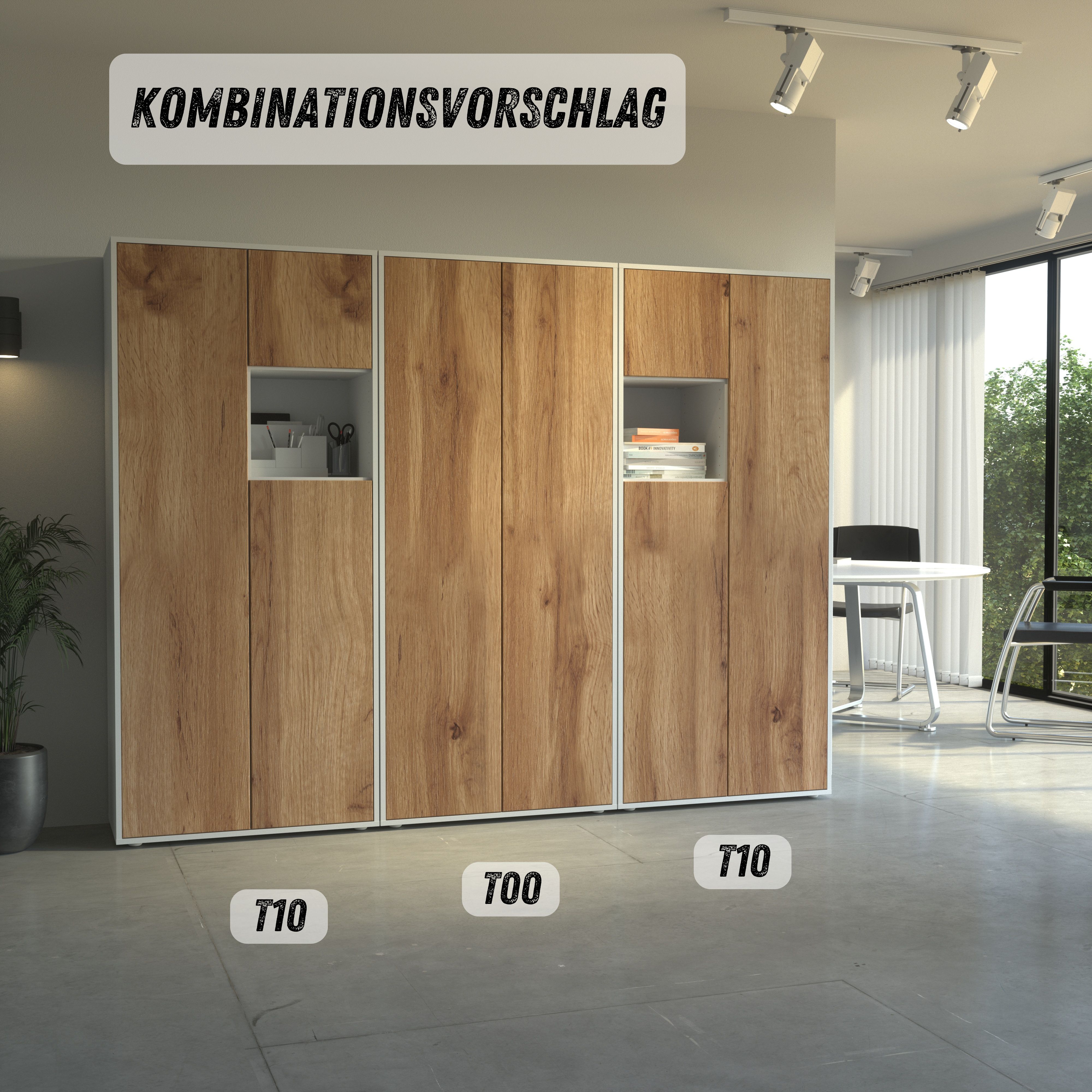 Büroschrank Amira T10 | Aktenschrank & Mehrzweckschrank mit offenem Fach | Weiß & Eiche Wotan | Push-to-Open | 180x80x40 cm | Modern für Büro & Homeoffice