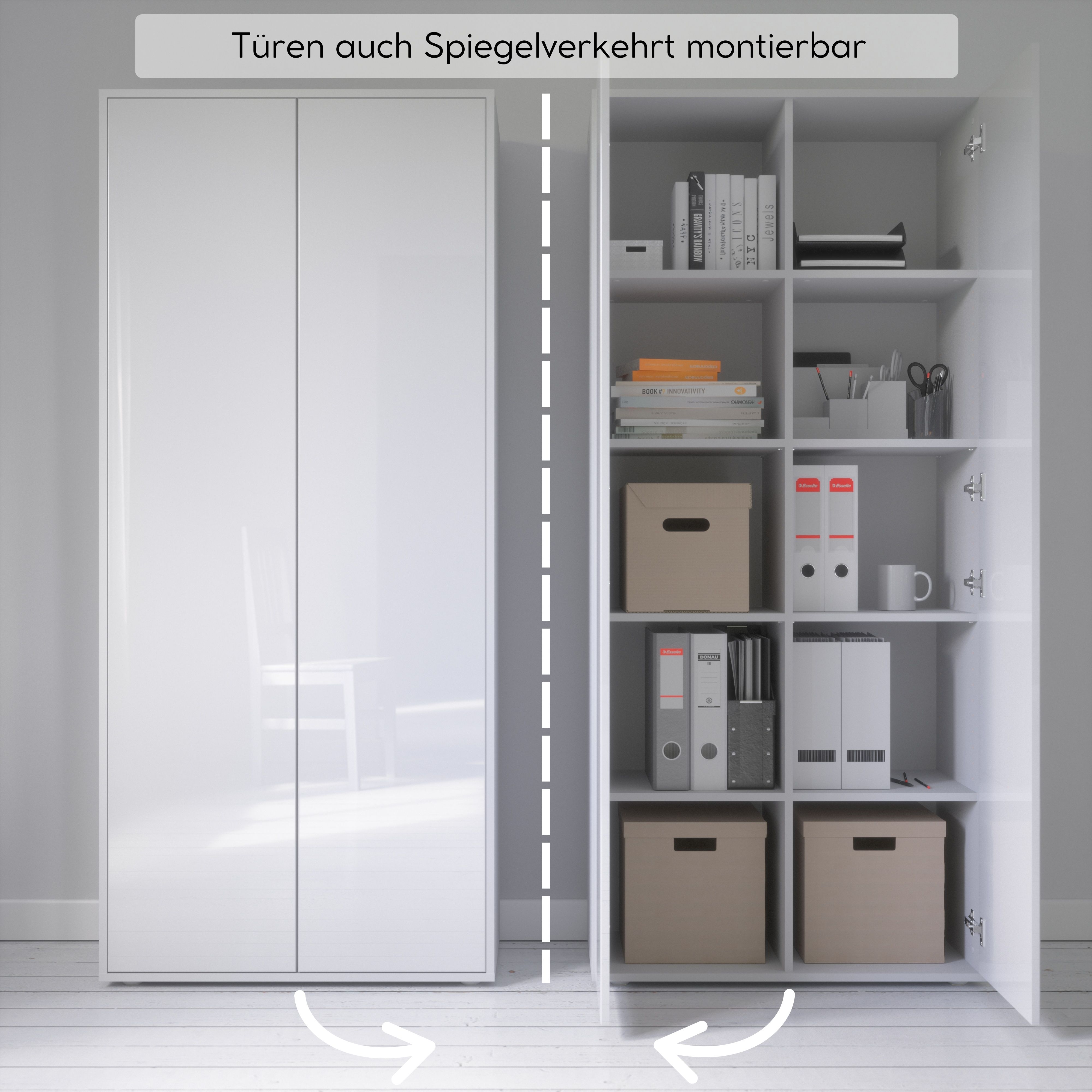 Büroschrank Amira T00 | Aktenschrank & Mehrzweckschrank in Weiß & Weiß Hochglanz | 180x80x40 cm | Push-to-Open für Büro