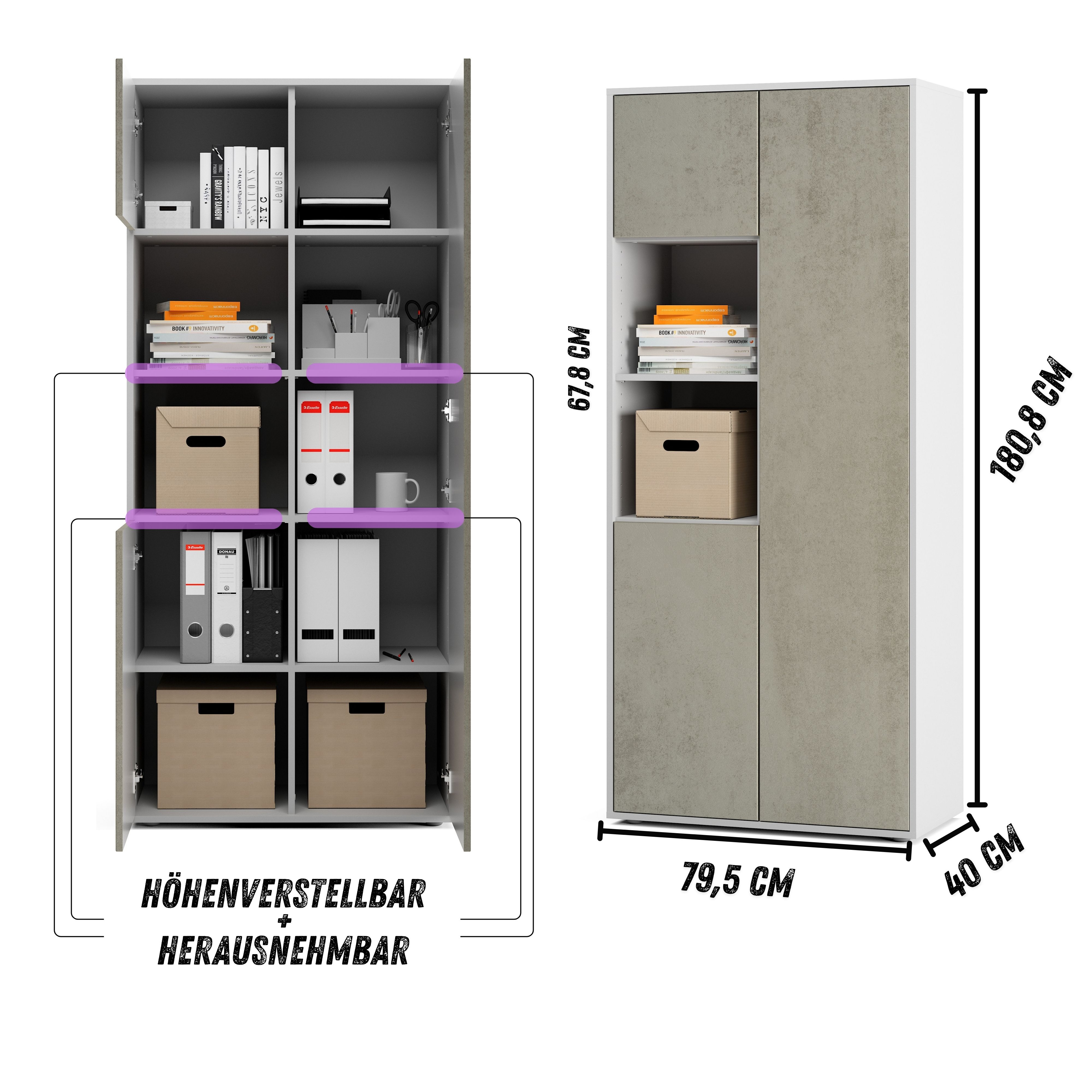 Büroschrank Amira T20 | mit 2 offenen Fächern | Aktenschrank & Mehrzweckschrank in Korpus Weiß & Front Beton Oxid | Push-to-Open | 180x80x40 cm