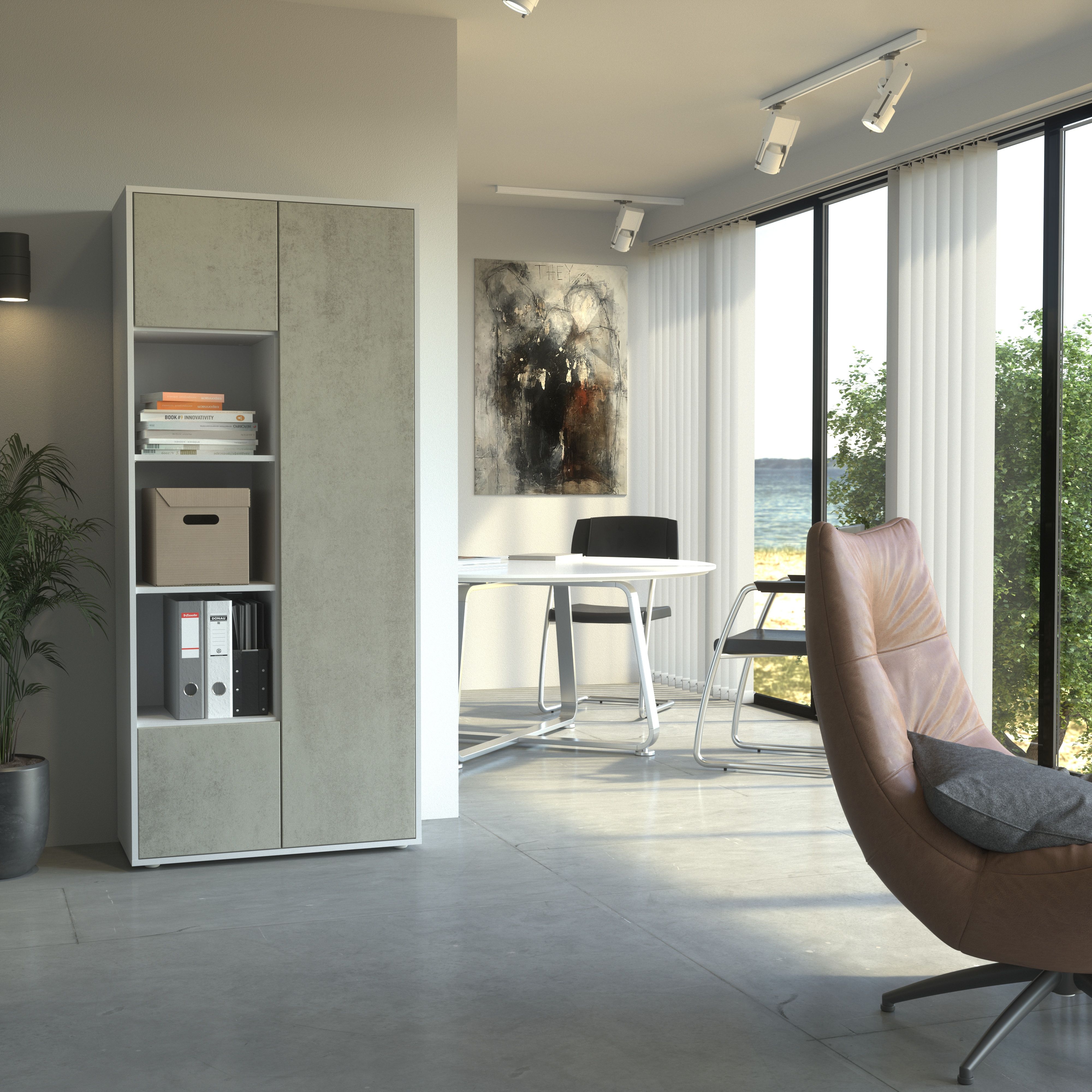 Büroschrank Amira T30 | Aktenschrank & Mehrzweckschrank in Weiß & Beton Oxid | 3 offene Fächer | Push-to-Open | 181x80x40 cm | für Homeoffice & Büro