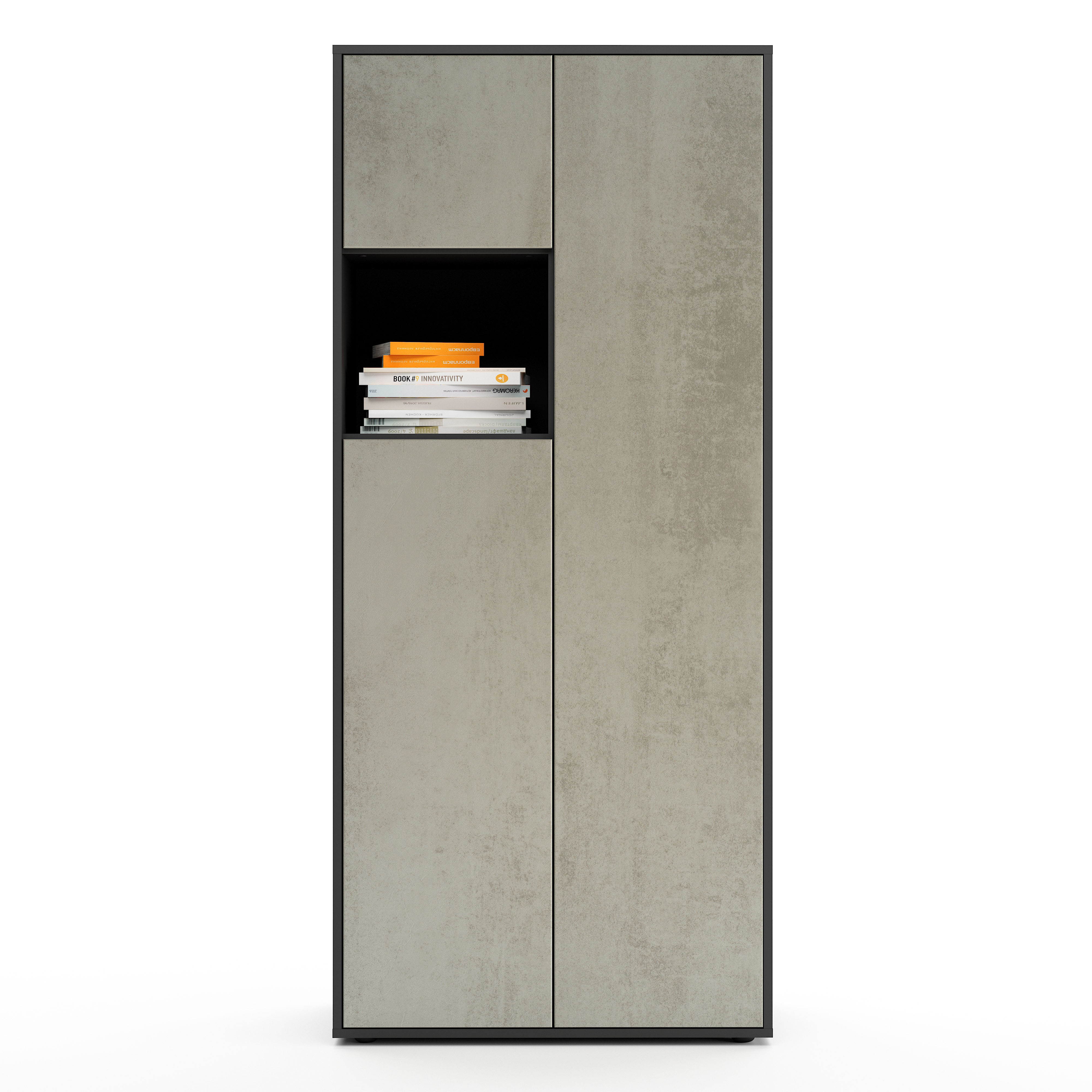 Büroschrank Amira T10, Schrank mit kleinem offenem Fach, Anthrazit , Push-to-Open, 180x80x40 cm, Büroschrank mit Ablage für Deko