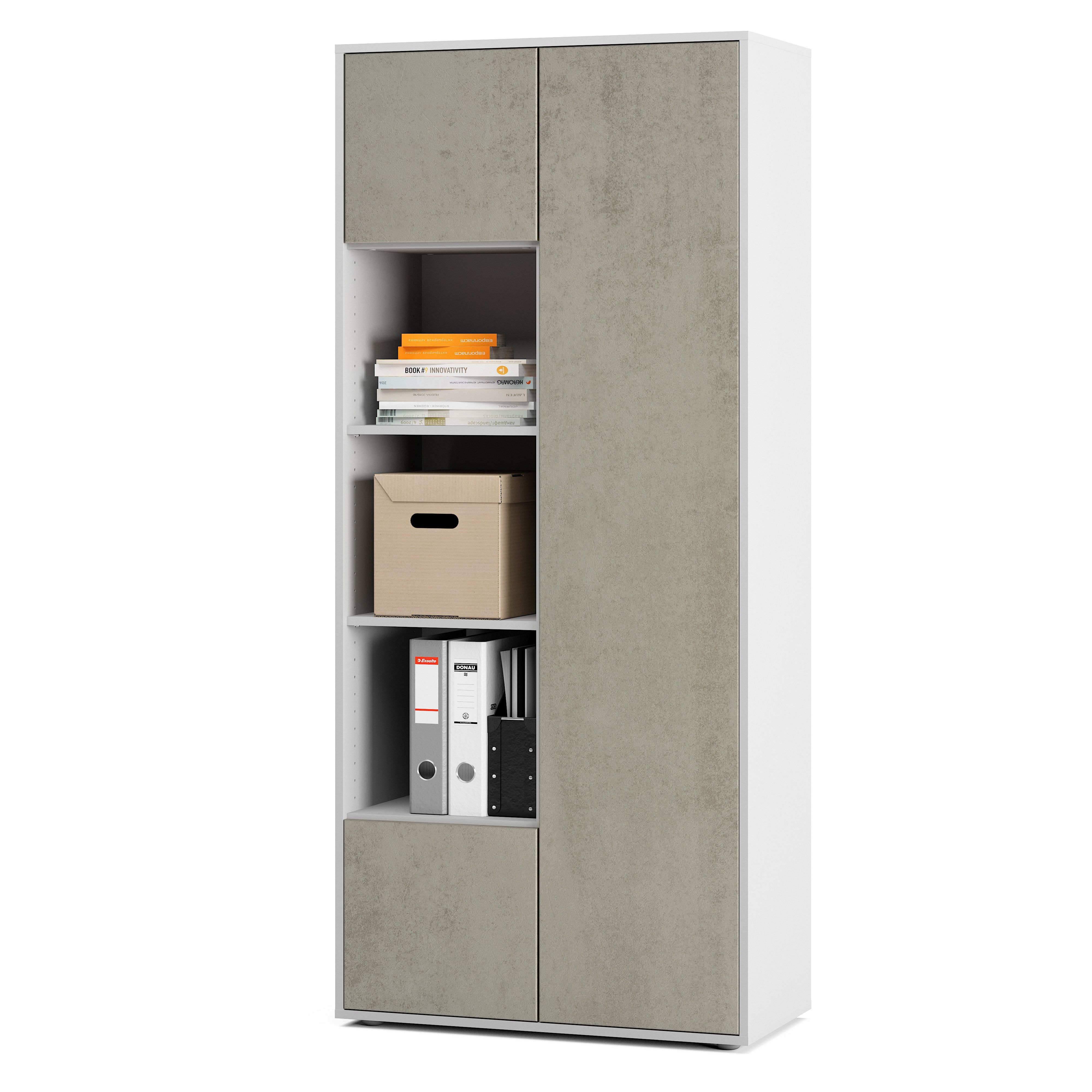 Büroschrank Amira T30 | Aktenschrank & Mehrzweckschrank in Weiß & Beton Oxid | 3 offene Fächer | Push-to-Open | 181x80x40 cm | für Homeoffice & Büro