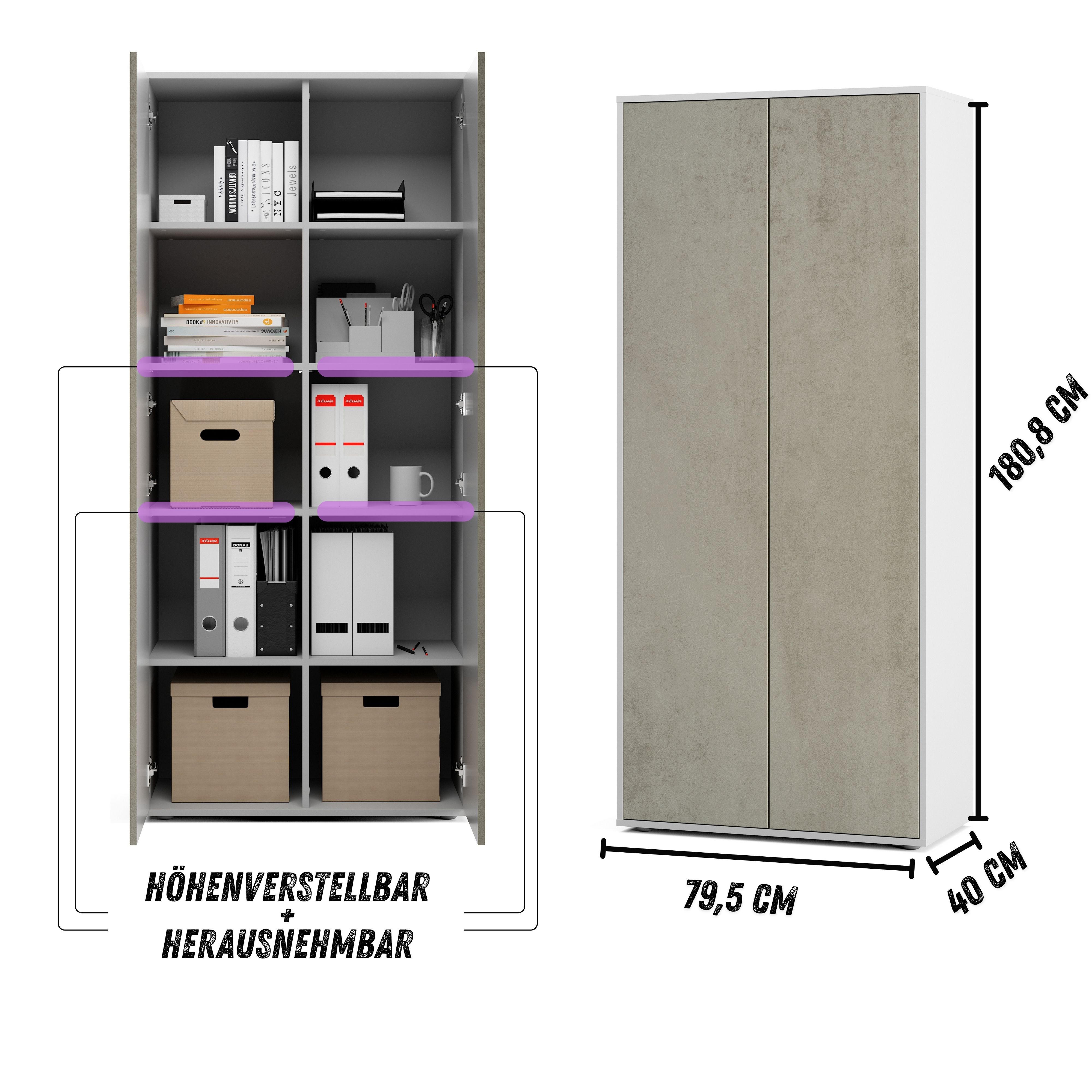 Büroschrank Amira T00 | Aktenschrank & Mehrzweckschrank in Weiß & Beton Oxid | 180x80x40 cm | Push-to-Open für Büro