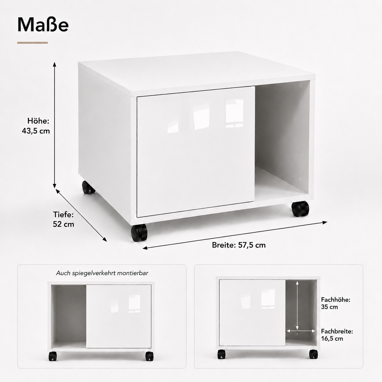 Druckerschrank Amira Weiß Hochglanz Front, Druckerkommode mit Rollen, 58x52x44 cm, Push-to-Open Tür, extra tief und geschlossen
