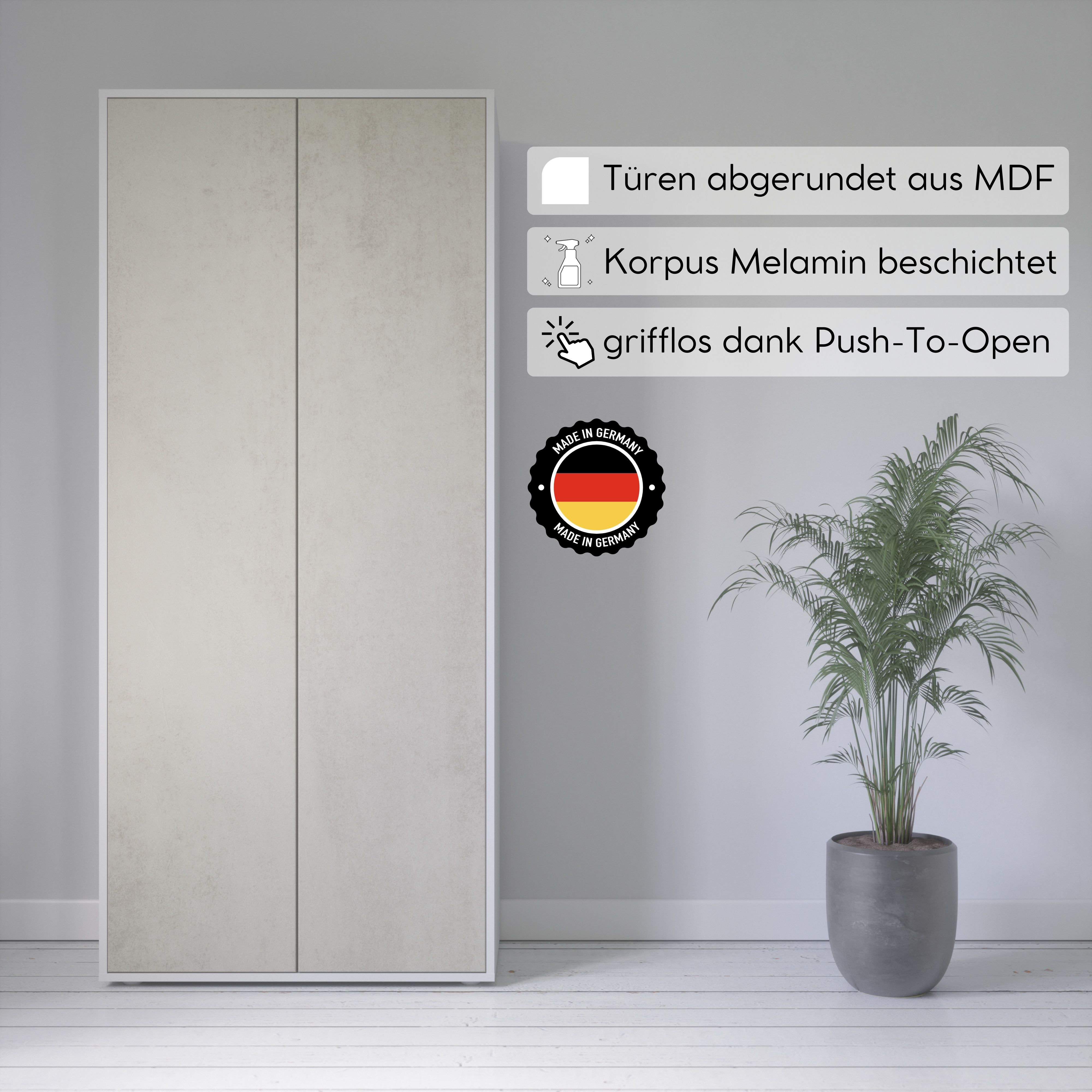 Büroschrank Amira T00 | Aktenschrank & Mehrzweckschrank in Weiß & Beton Oxid | 180x80x40 cm | Push-to-Open für Büro