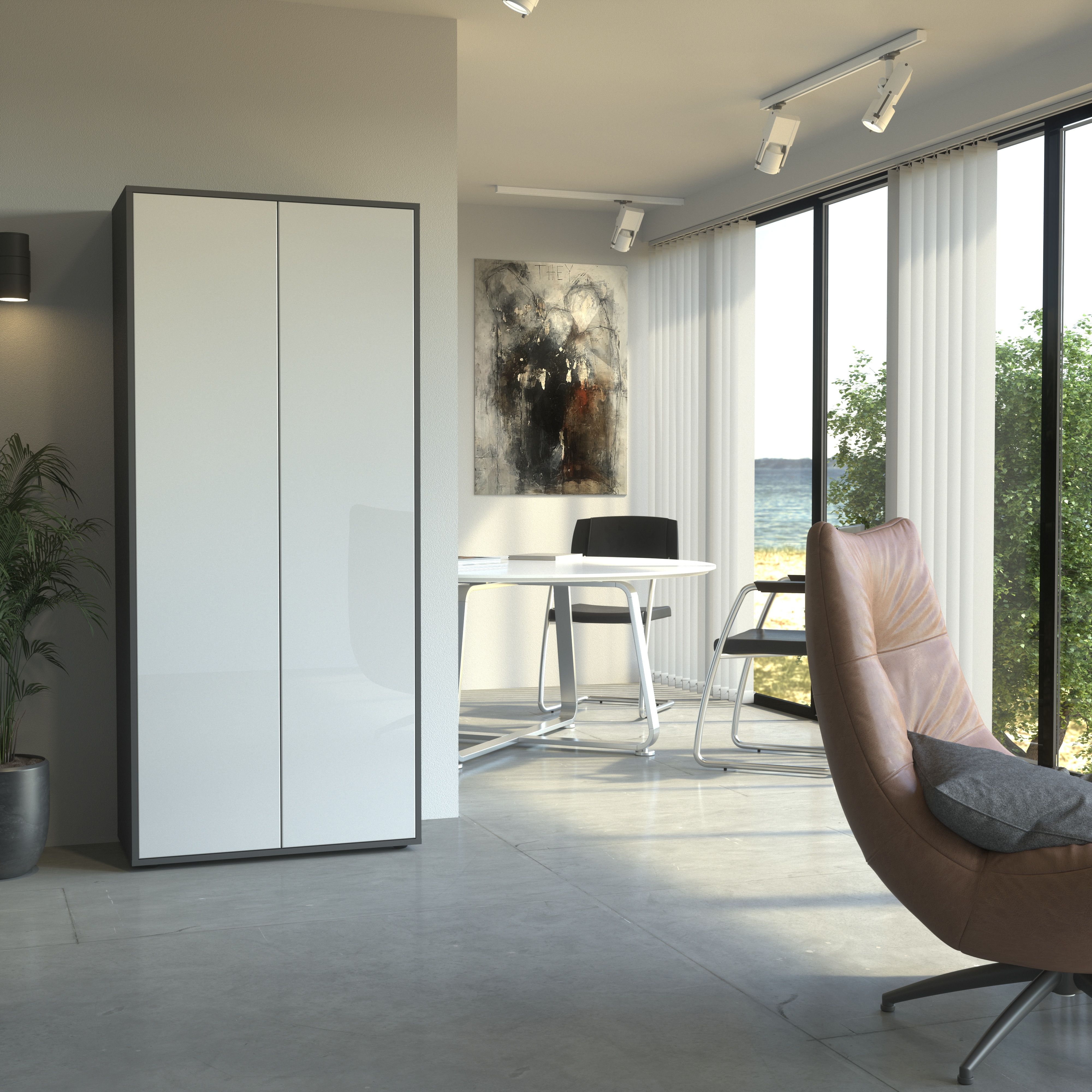 Büroschrank Amira T00, geschlossener Schrank mit 2 großen Türen, Anthrazit Korpus , Fronten in Weiß Hochglanz, Push-to-Open, 180x80x40 cm, Aktenregal für Büro und Homeoffice