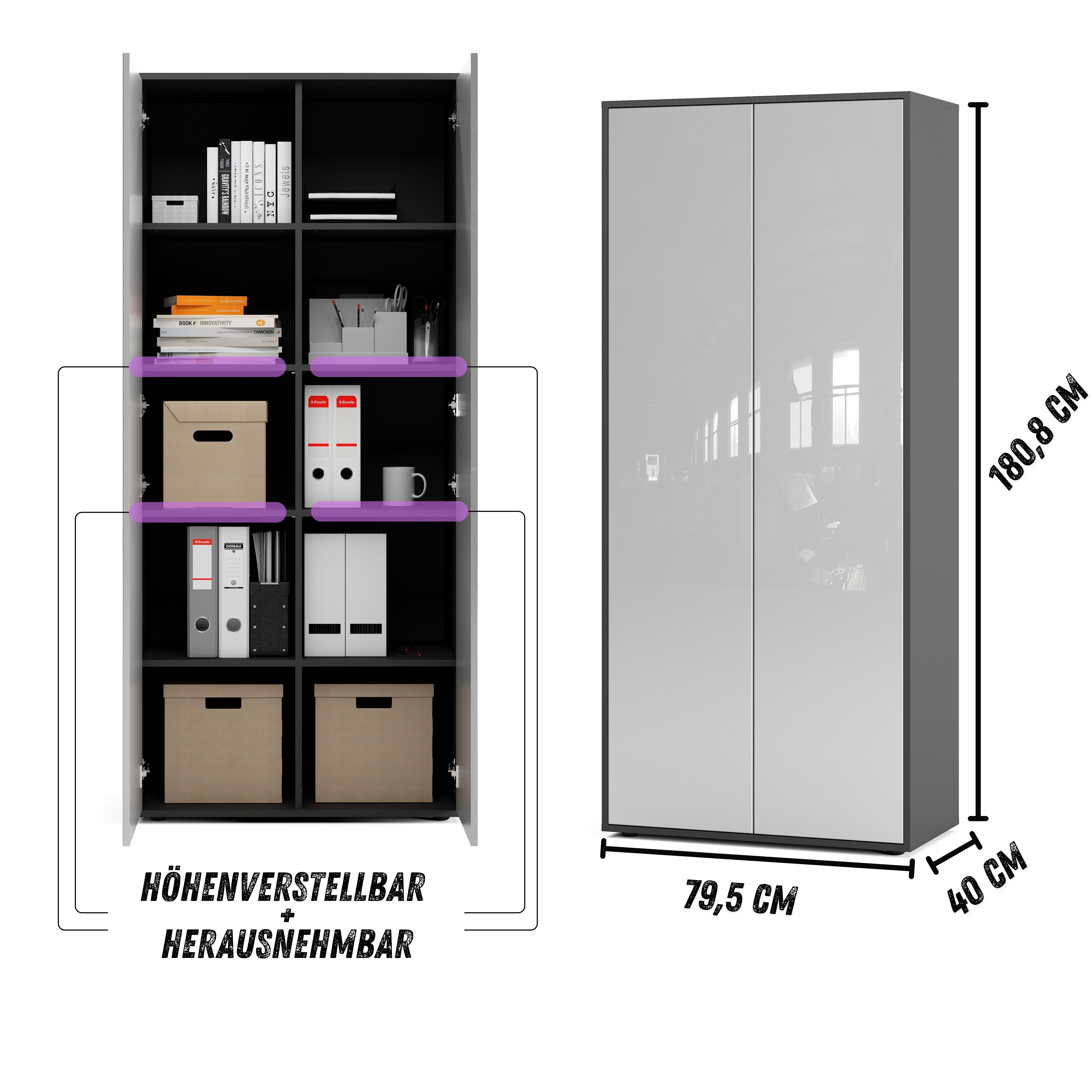 Büroschrank Amira T00, geschlossener Schrank mit 2 großen Türen, Anthrazit Korpus , Fronten in Weiß Hochglanz, Push-to-Open, 180x80x40 cm, Aktenregal für Büro und Homeoffice