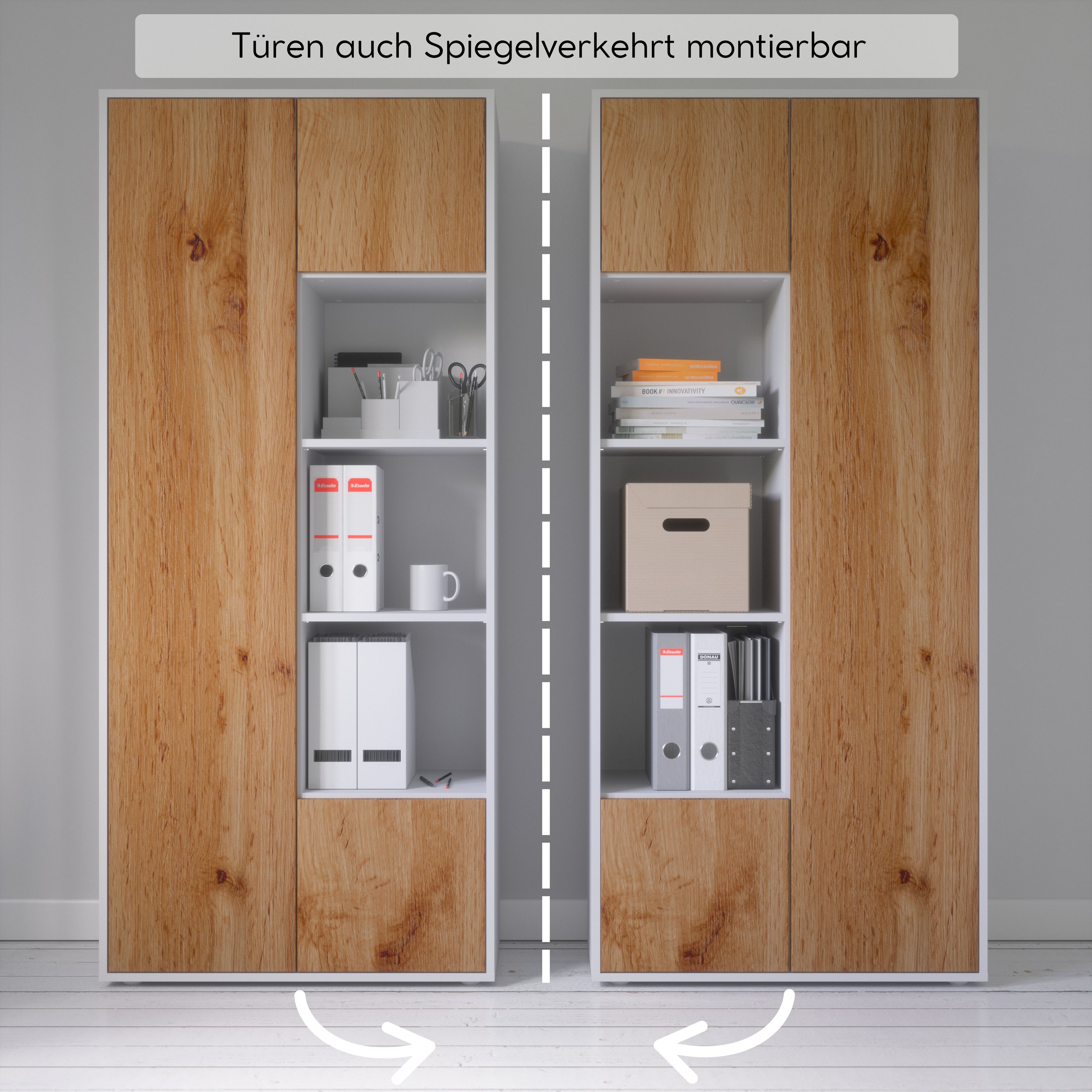 Büroschrank Amira T30 | Aktenschrank & Mehrzweckschrank in Weiß & Eiche Wotan | 3 offene Fächer | Push-to-Open | 181x80x40 cm | für Homeoffice & Büro