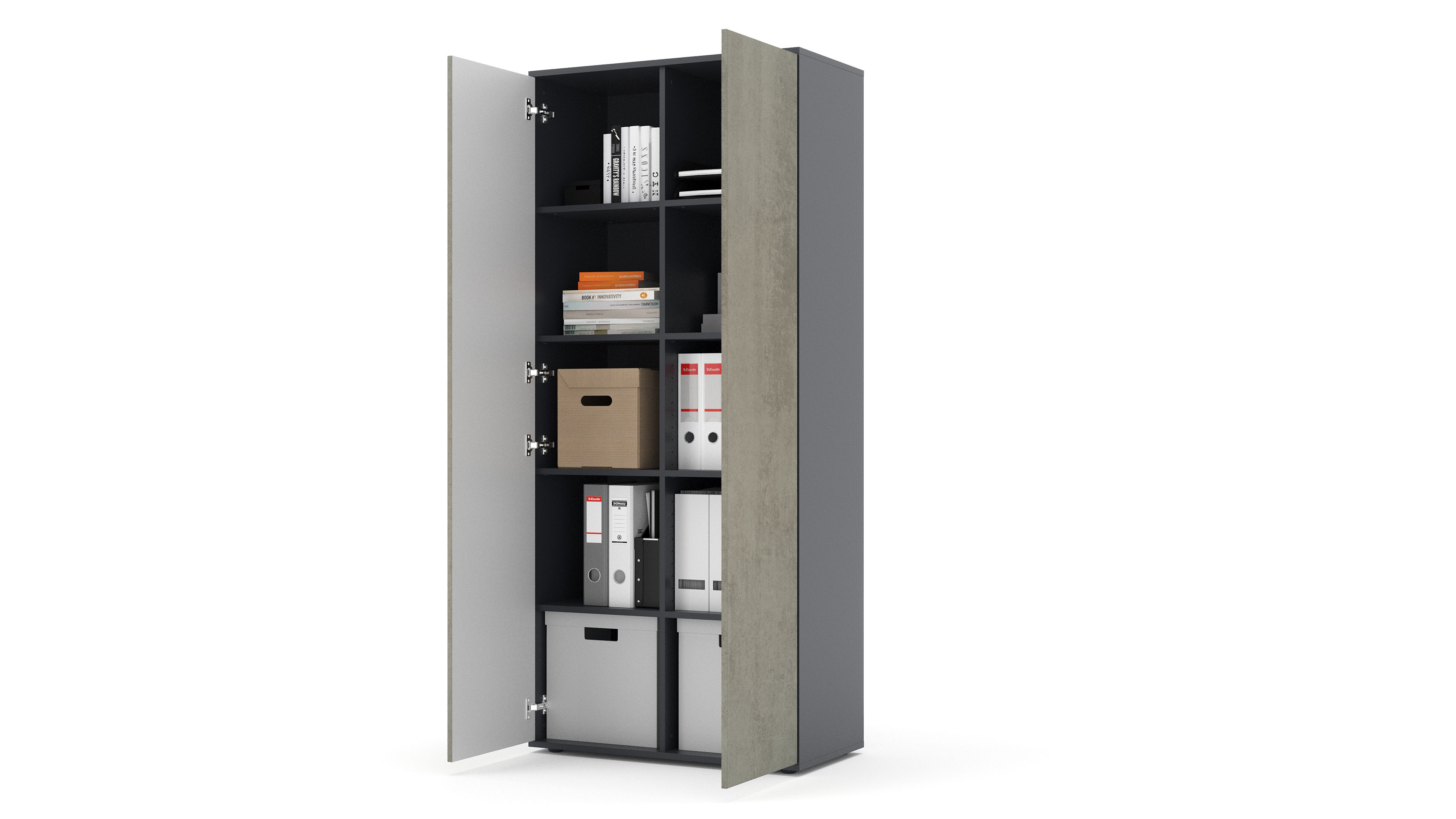 Büroschrank Amira T00, geschlossener Schrank mit 2 großen Türen, Anthrazit Korpus, Fronten in Beton Oxid, Push-to-Open, 180x80x40 cm, Aktenregal für Büro und Homeoffice